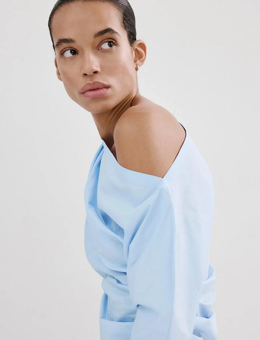 Mango - Cotton blouse with asymmetrical collar - langærmede bluser - medium blue - 0