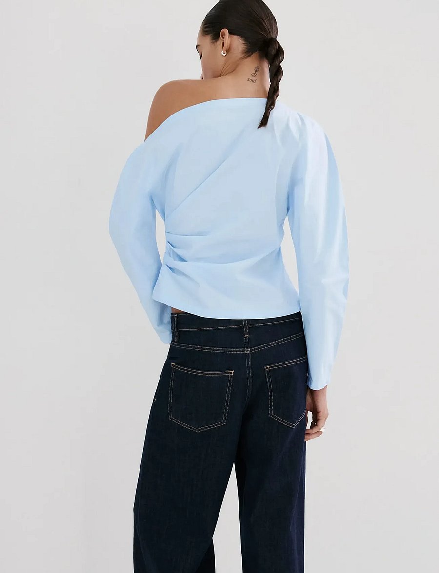 Mango - Cotton blouse with asymmetrical collar - langærmede bluser - medium blue - 2