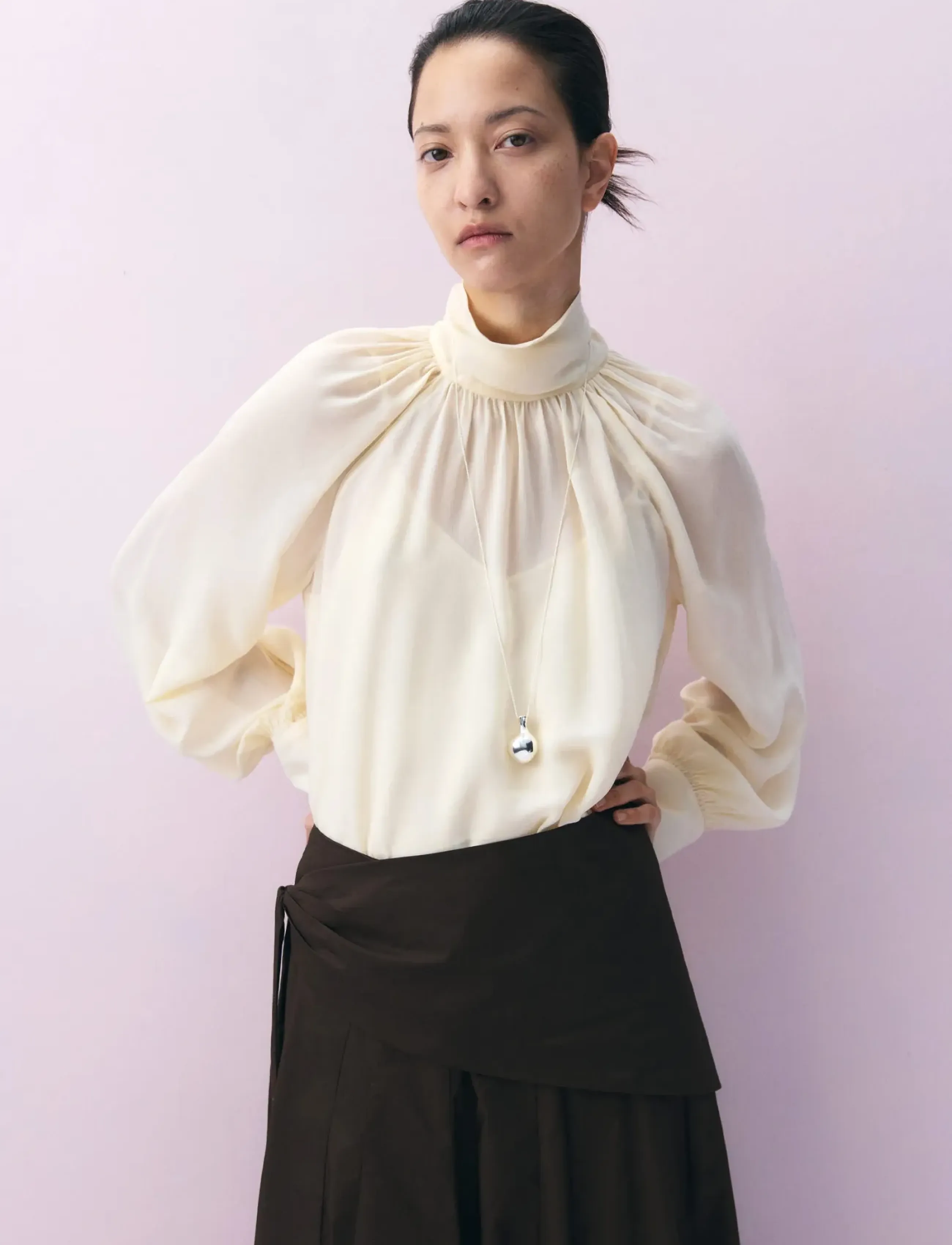 Mango High-Neck Semi-Transparent Blouse, L, Beige, Bluser > Langærmede, Dame