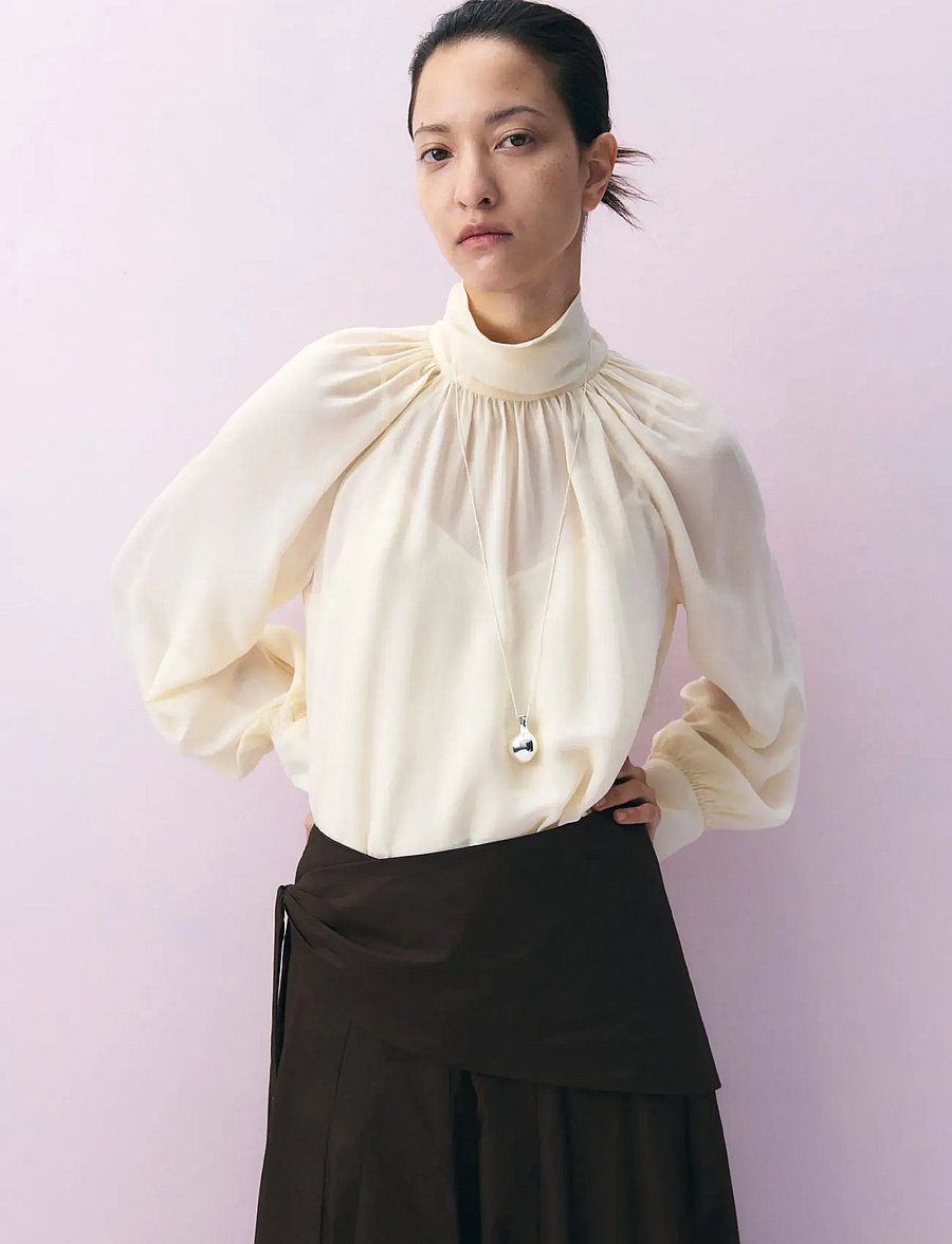 Mango - High-neck semi-transparent blouse - langärmelige blusen - light beige - 0