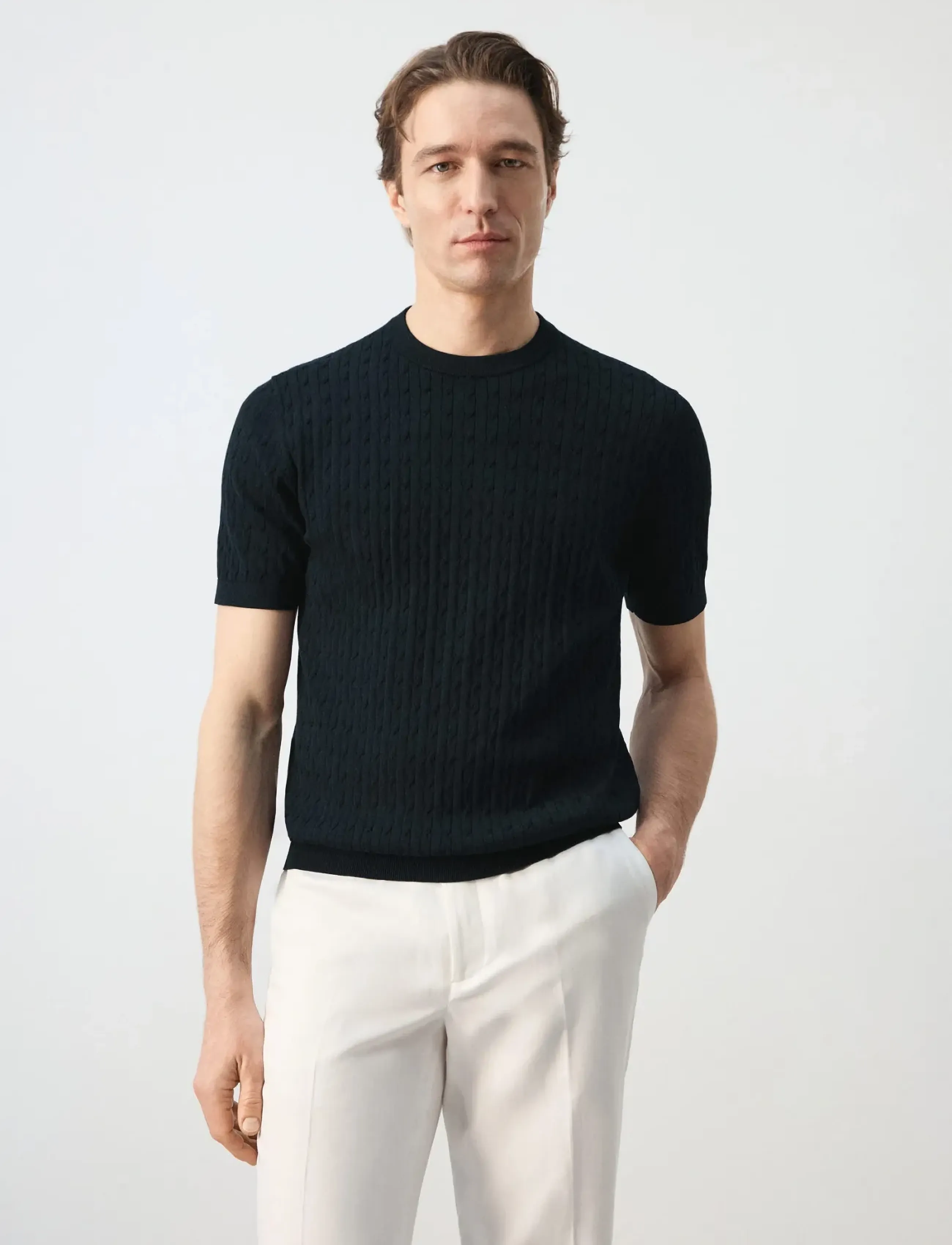 Mango Cable knit T-shirt 100% cotton - Mango - DARK BLUE / navy