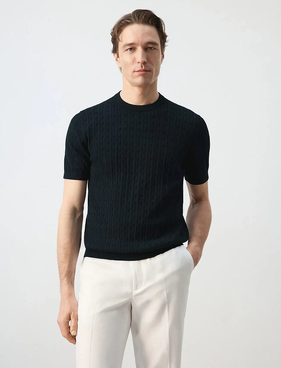 Mango - Cable knit T-shirt 100% cotton - rundhalsad - dark blue - 0