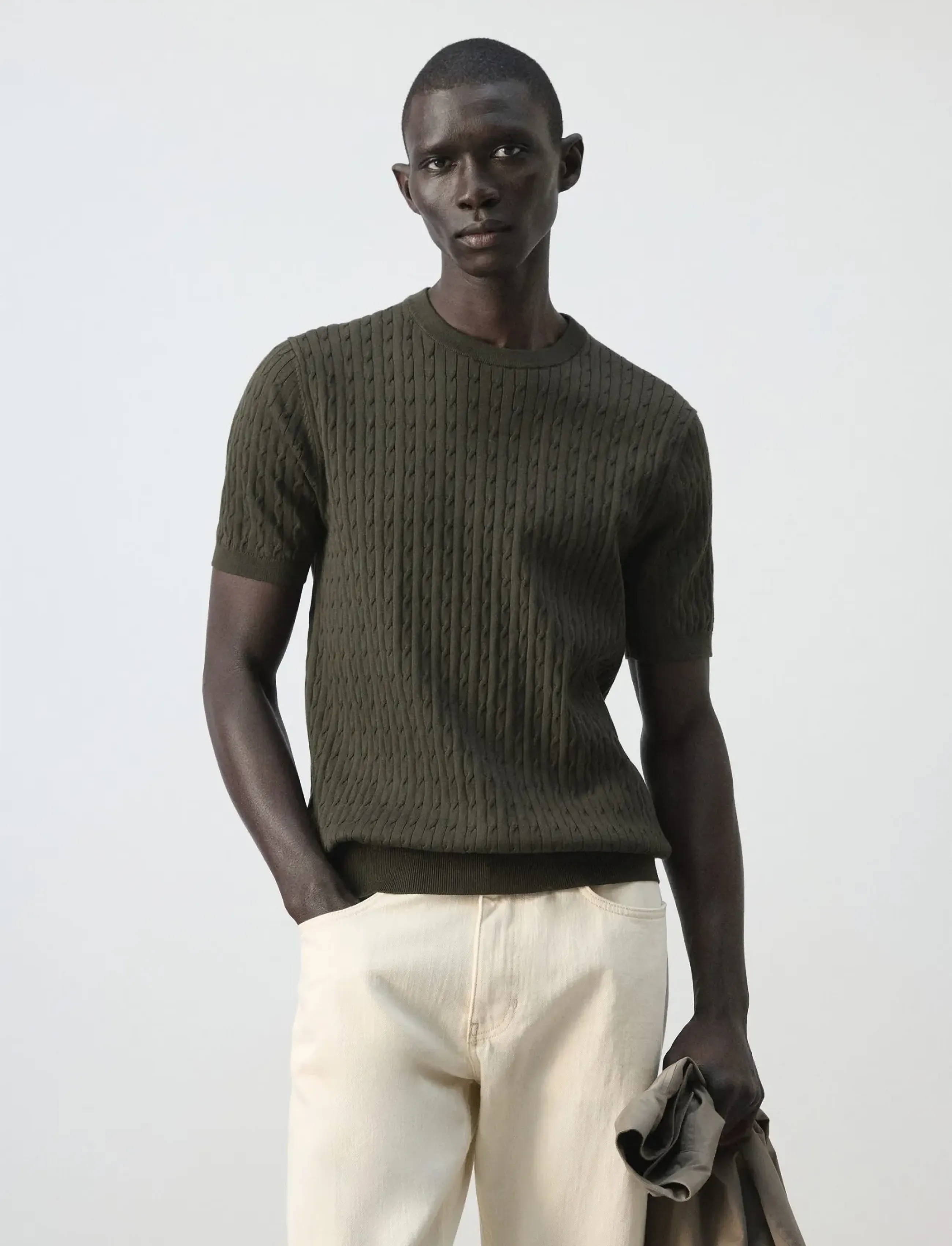 Mango Cable knit T-shirt 100% cotton - Mango - DARK BROWN / khaki/green