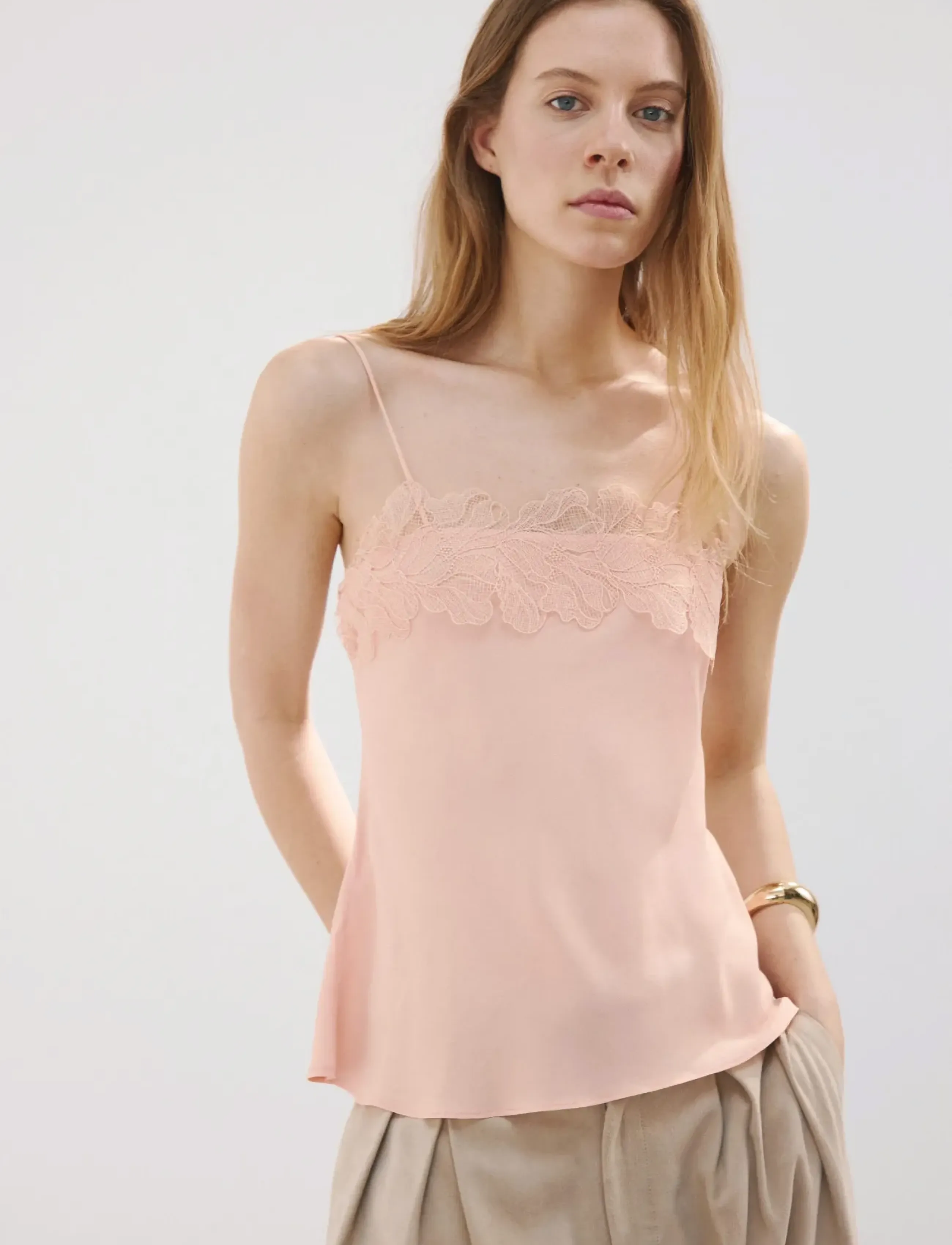 Mango Lace Trim Top, Kvinder, Blonde Top, Pink, Str: M
