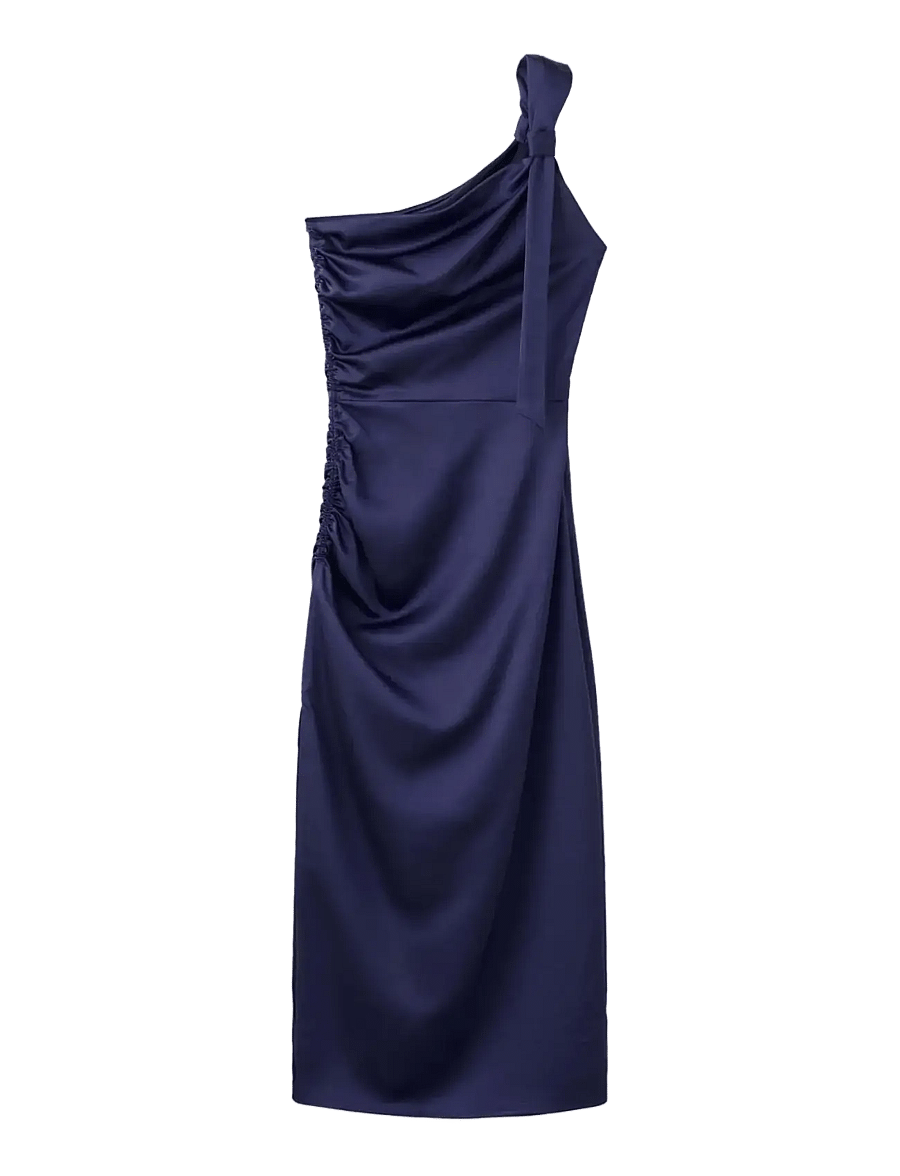 Mango - Asymmetric side ruched dress - festkjoler - dark blue - 1