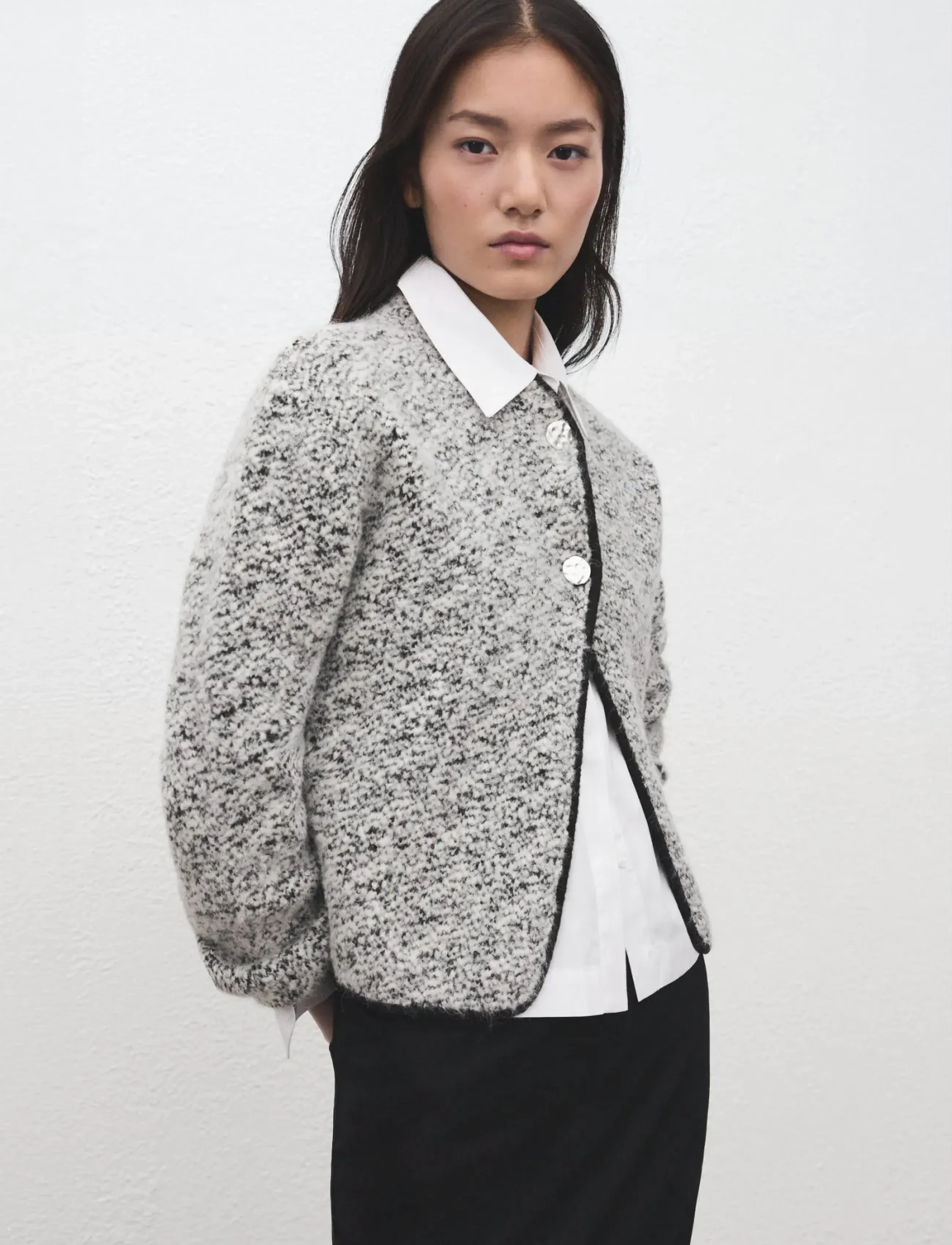 Mango Flecked Cotton-Blend Jacket, L, Jackets, Schwarz - Wool Frauen