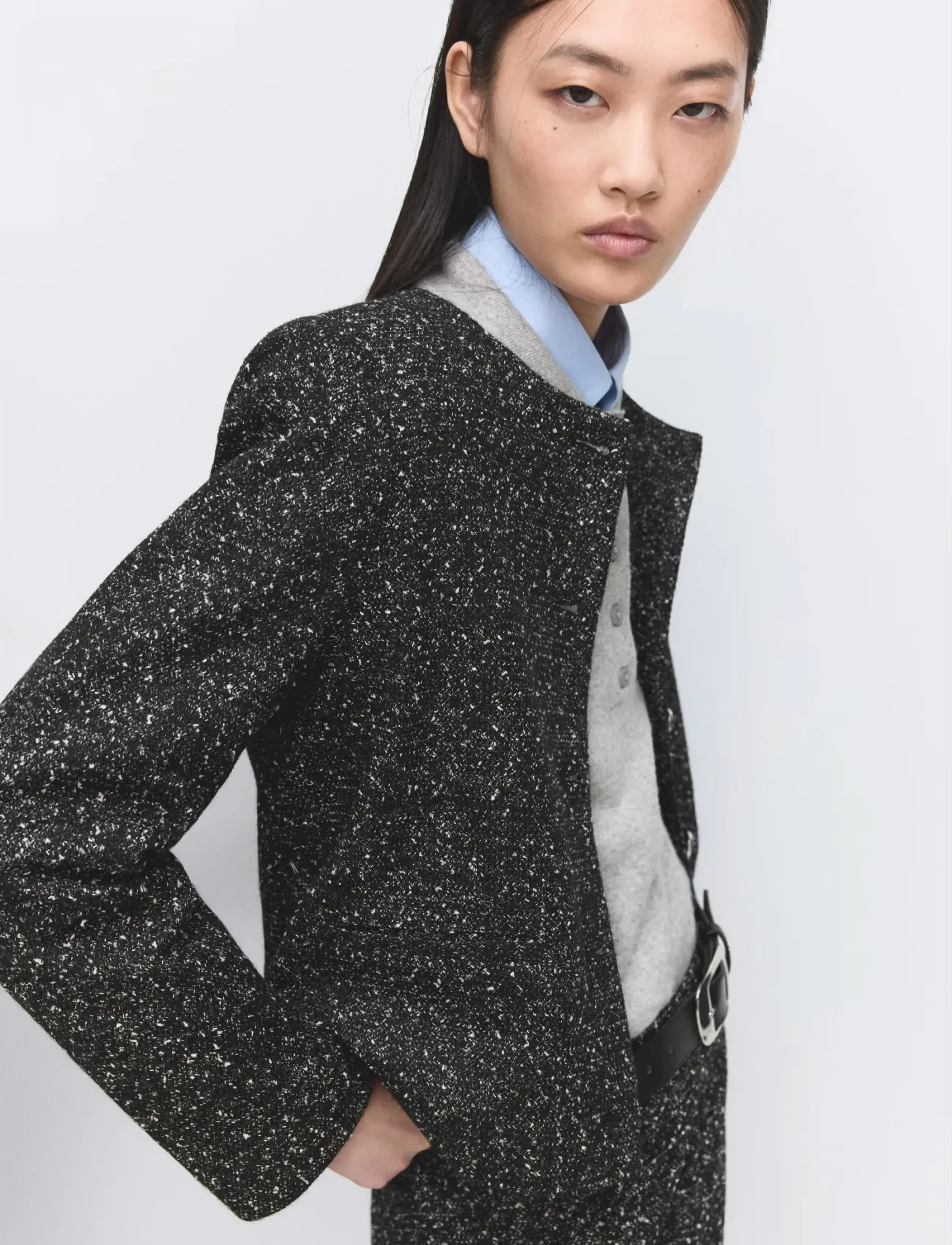 Mango Flecked cotton-blend jacket - Kläder - BLACK / black