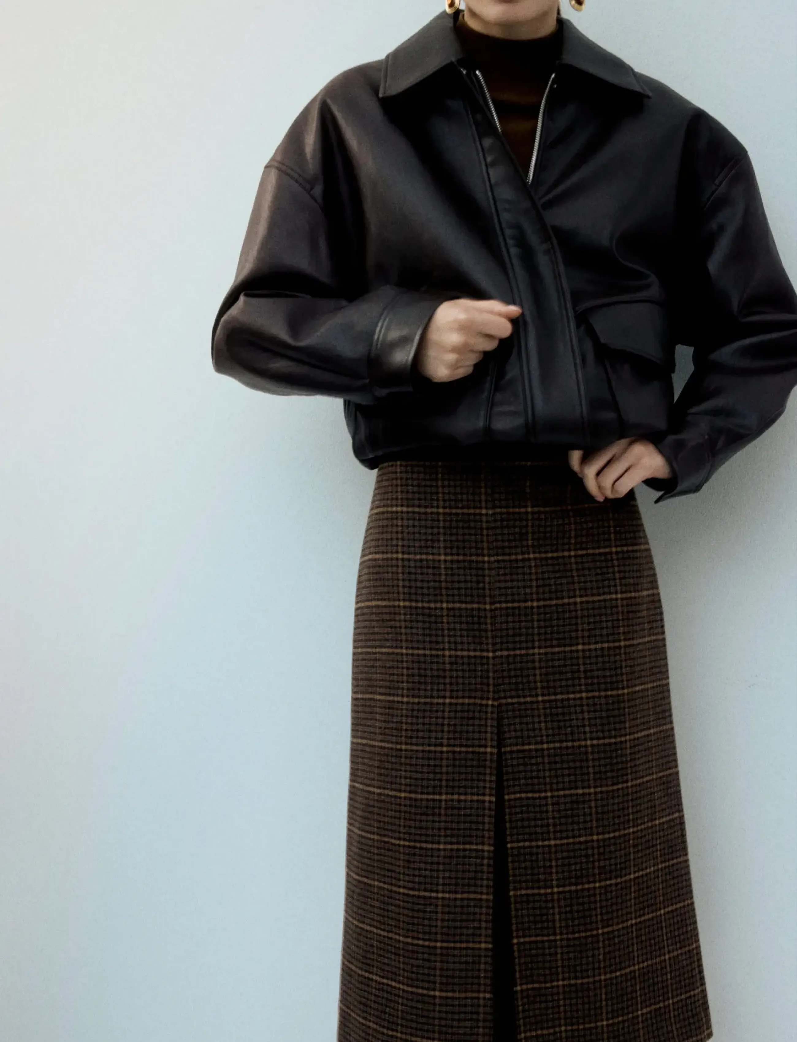 Mango Wool-Blend Check Midi-Skirt, Kvinder, Terned Midi Nederdel, Brun, Str: 38