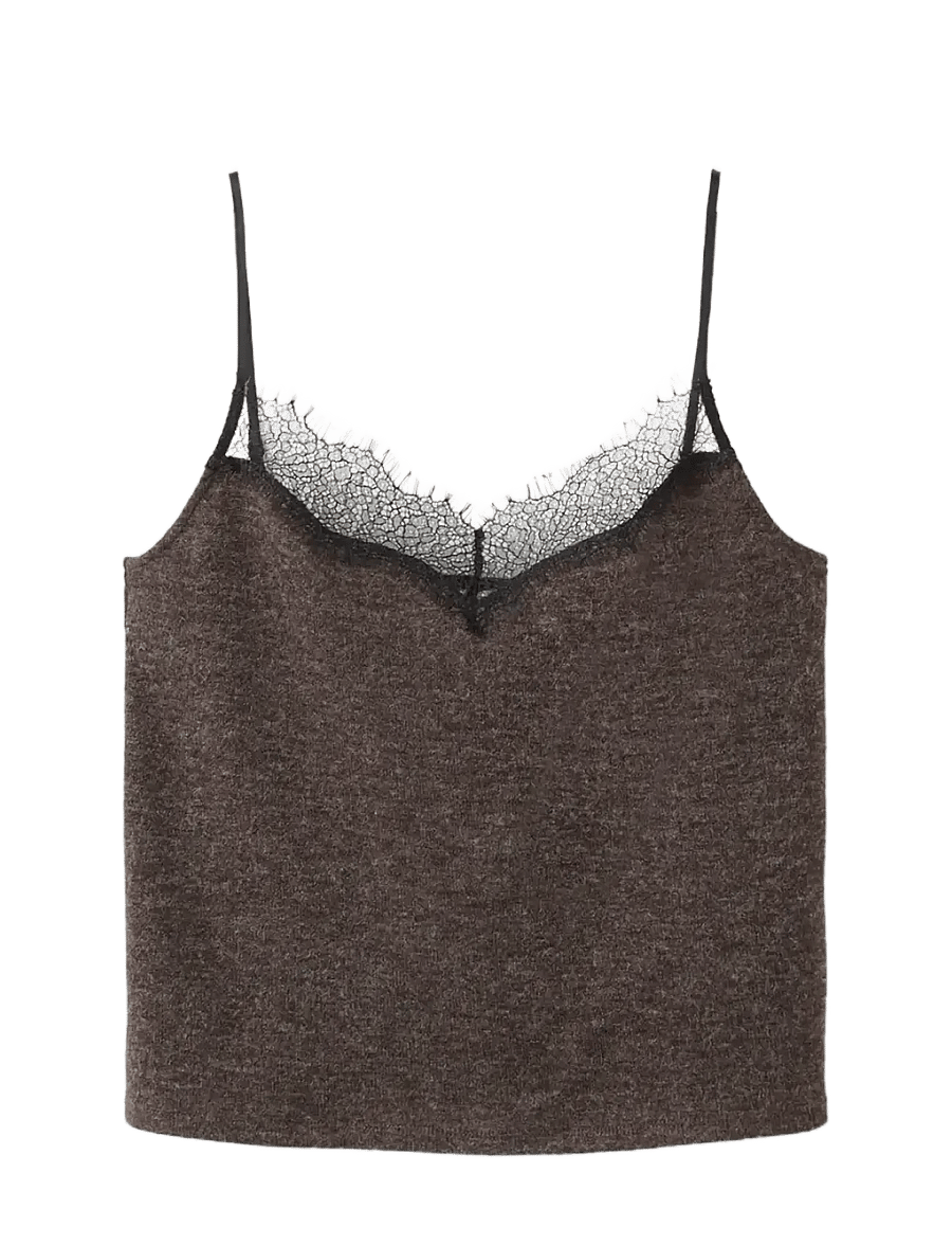 Mango - Top with lace neck - linnen - dark brown - 1