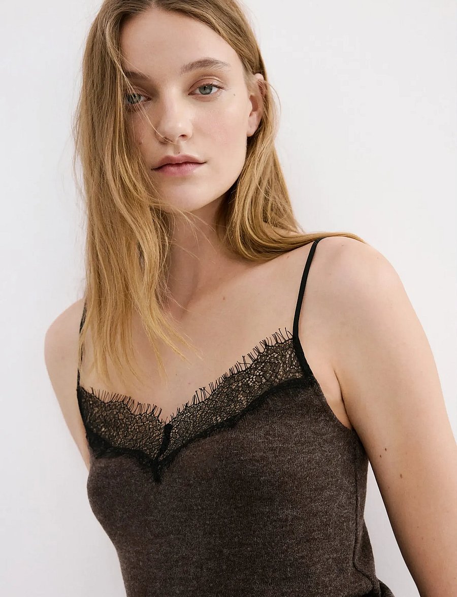 Mango - Top with lace neck - linnen - dark brown - 0
