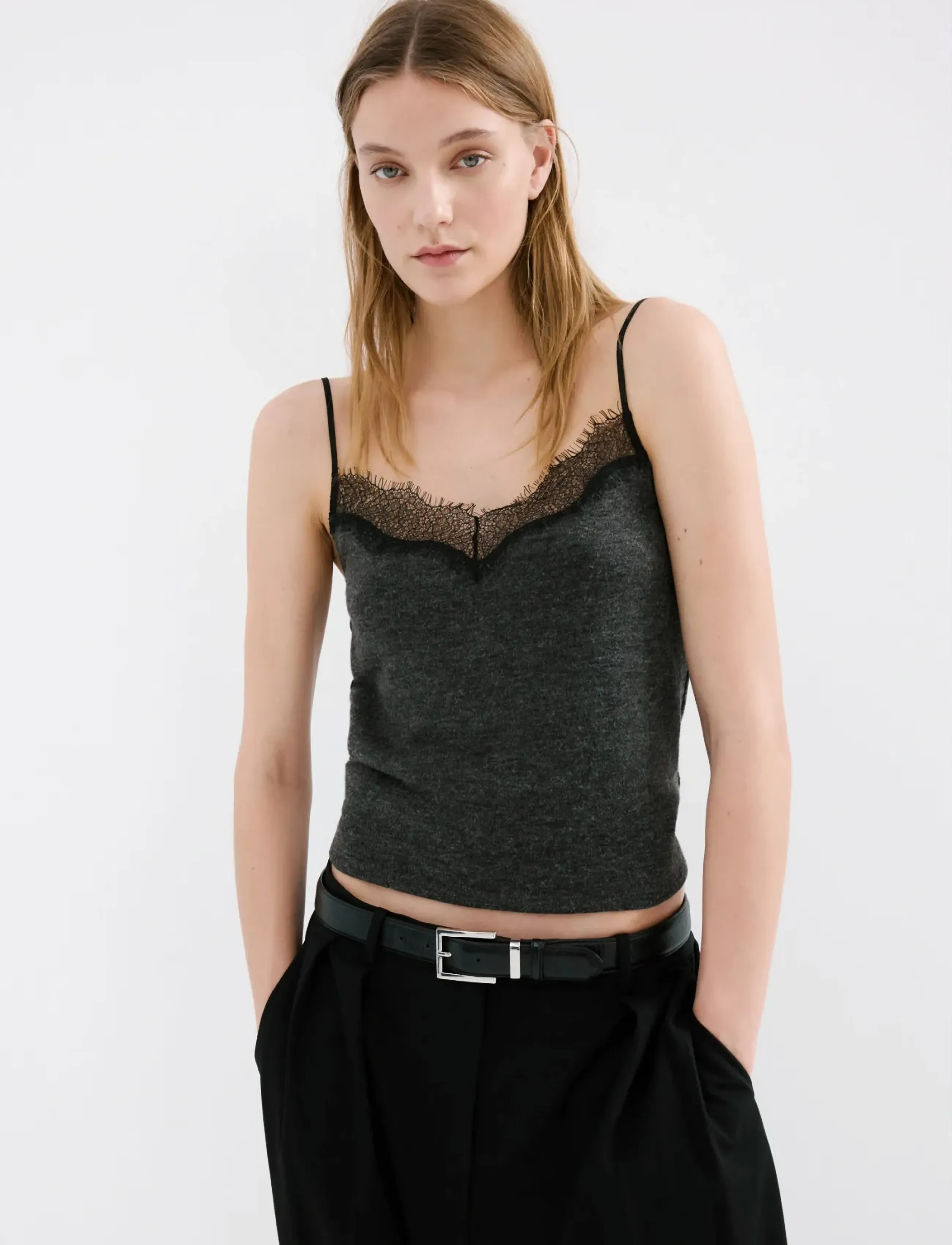 Mango Top with lace neck - T-shirts & Toppe - DARK GREY / grey
