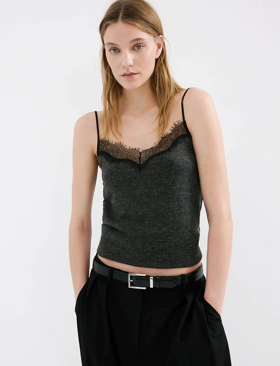 Mango - Top with lace neck - tanktops - dark grey - 0