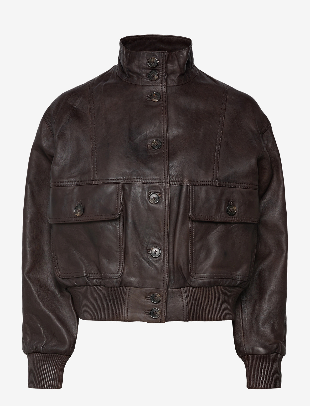 Mango - High-neck leather biker jacket - outerwear - brown - 0