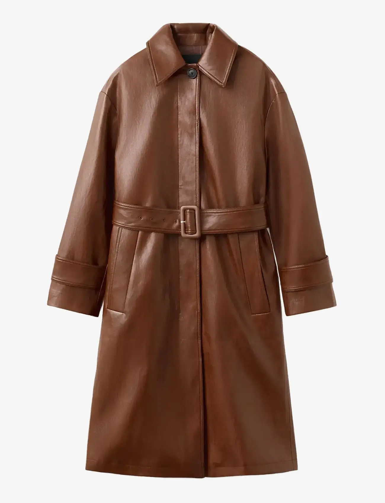 Mango - Long faux-leather trench coat with belt - trenchcoats - brown - 1