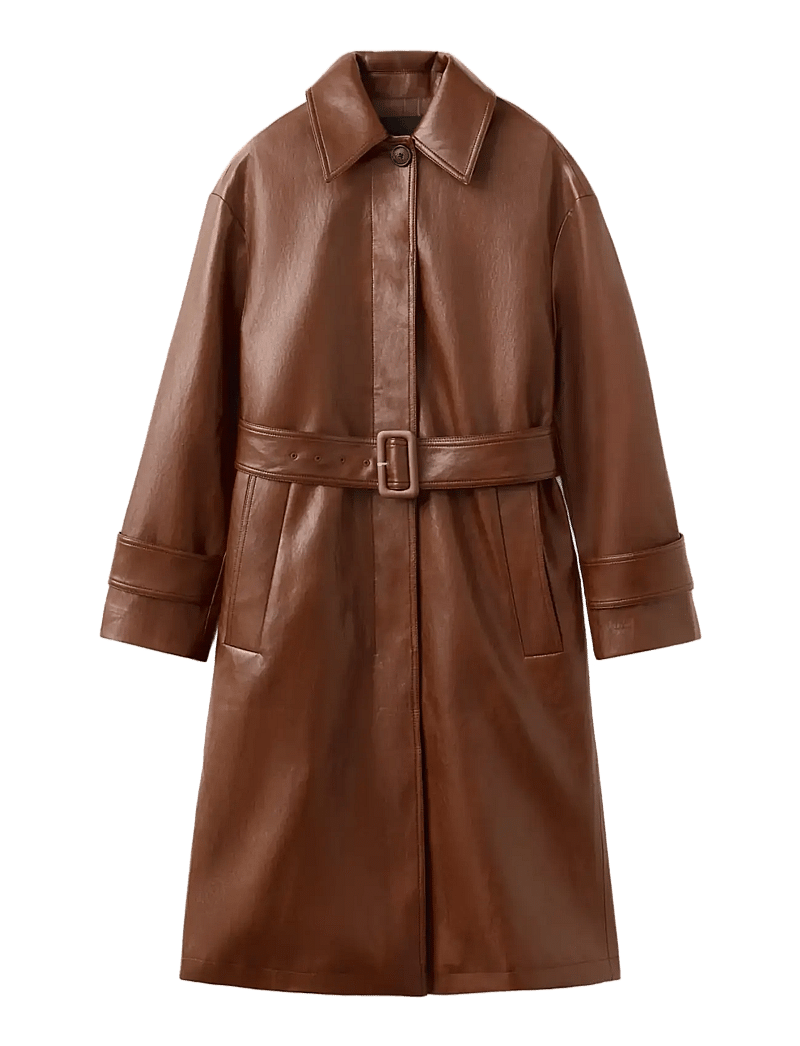 Mango - Long faux-leather trench coat with belt - trenchcoats - brown - 1