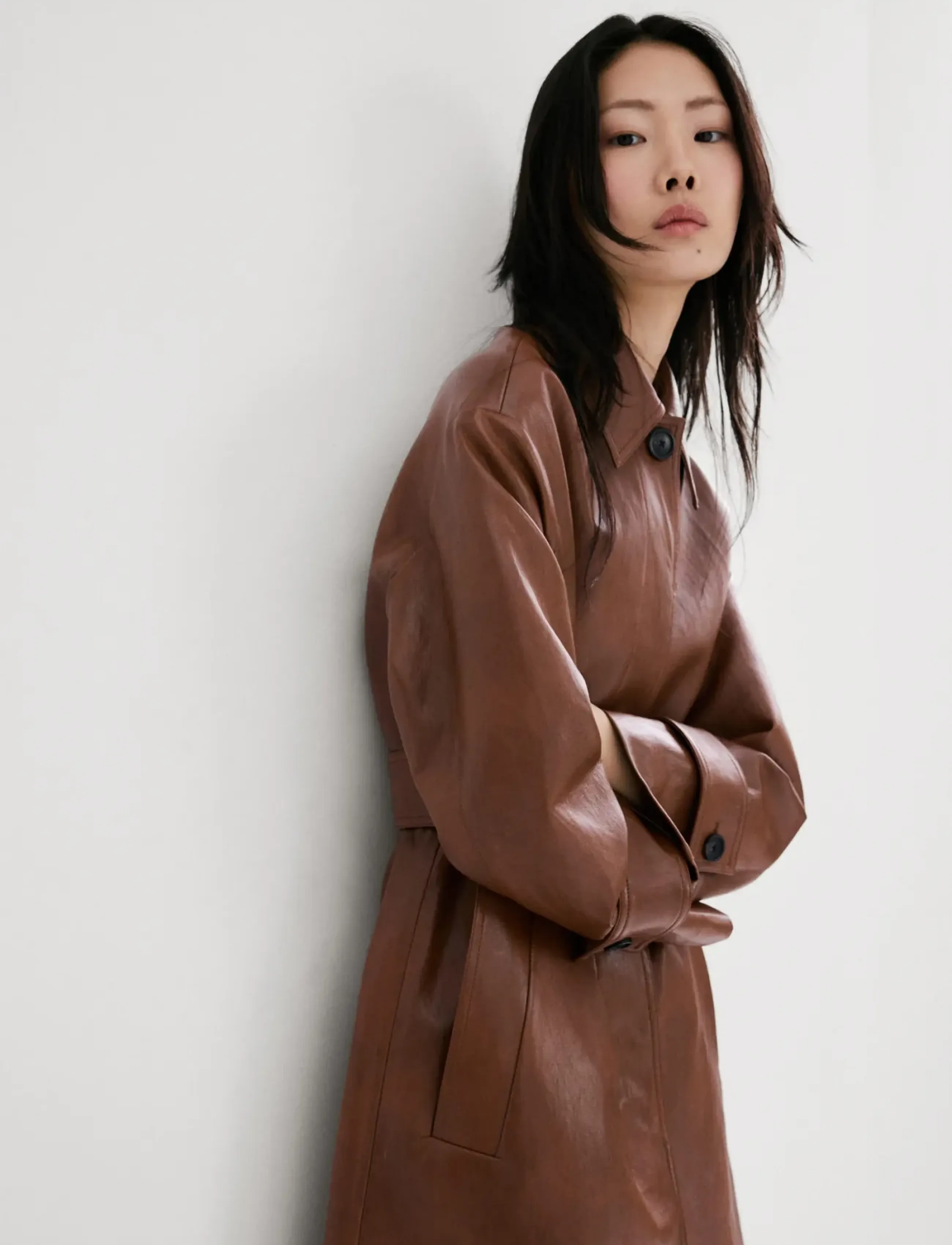 Mango Long Faux-Leather Trench Coat With Belt, L, Coats, Braun - Frauen
