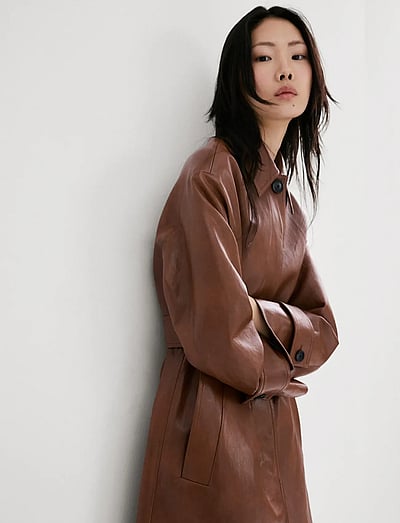 Long Faux-Leather Trench Coat With Belt - Trenchcoats