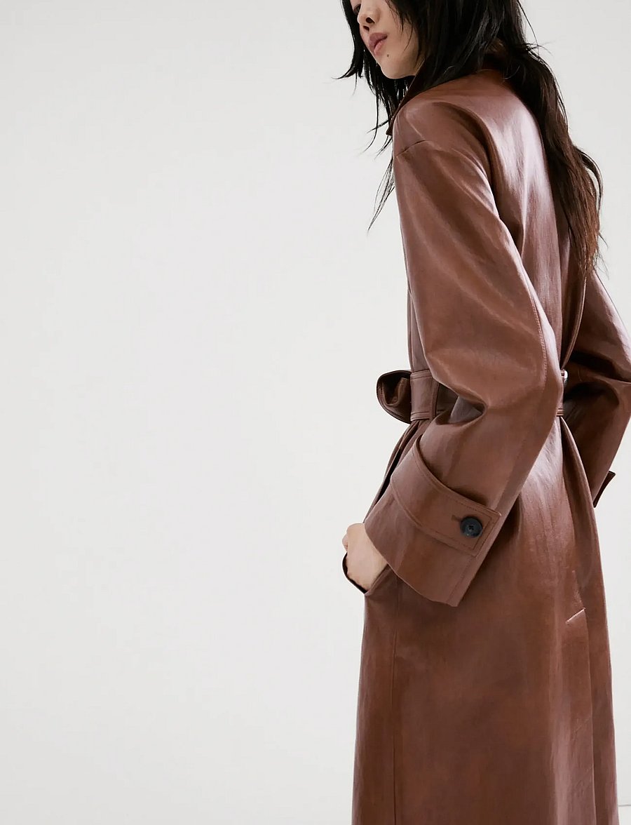 Mango - Long faux-leather trench coat with belt - trenchcoats - brown - 2