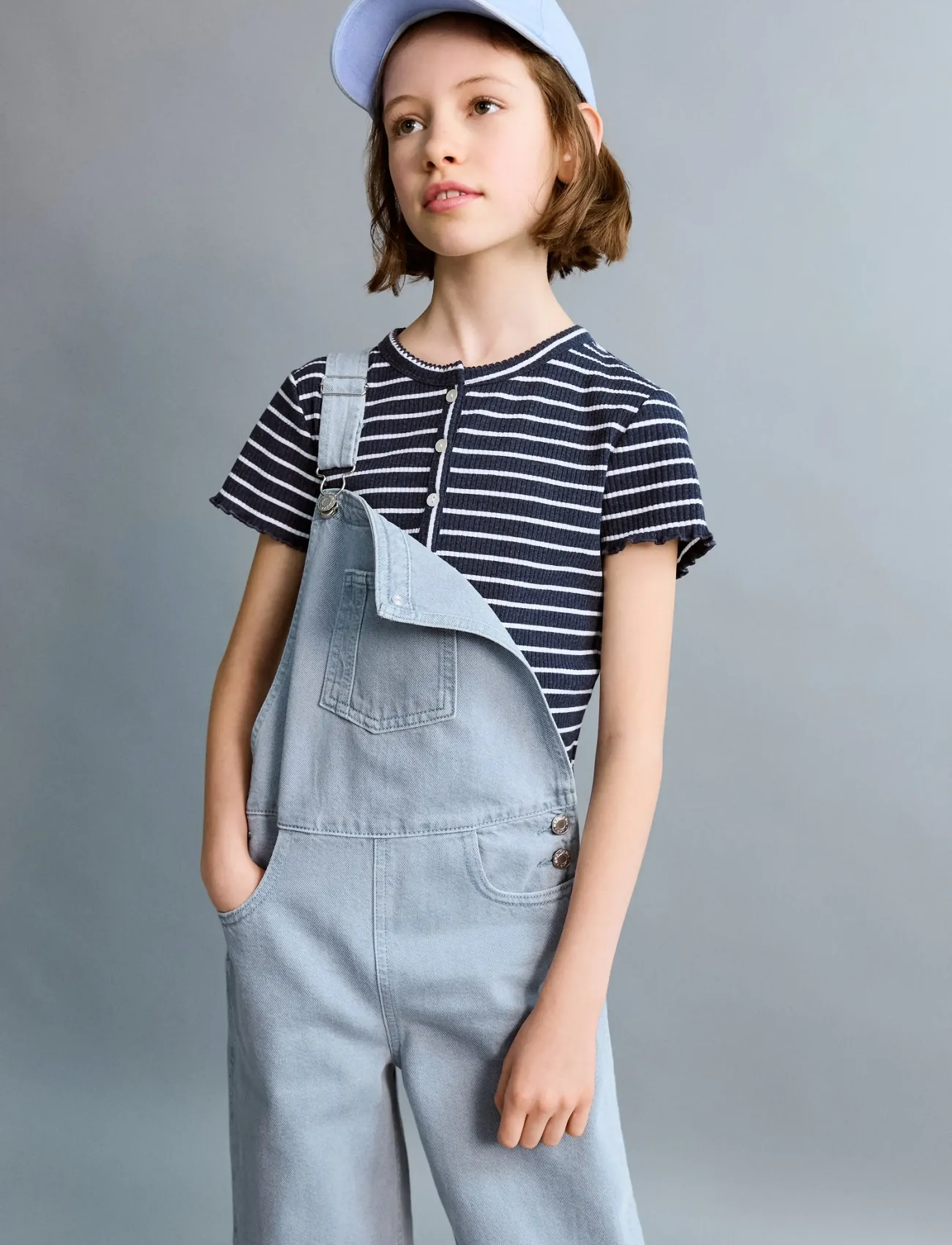 Mango Long Denim Dungarees, Børn, Vide Denim Overalls, Blå, Str: 116
