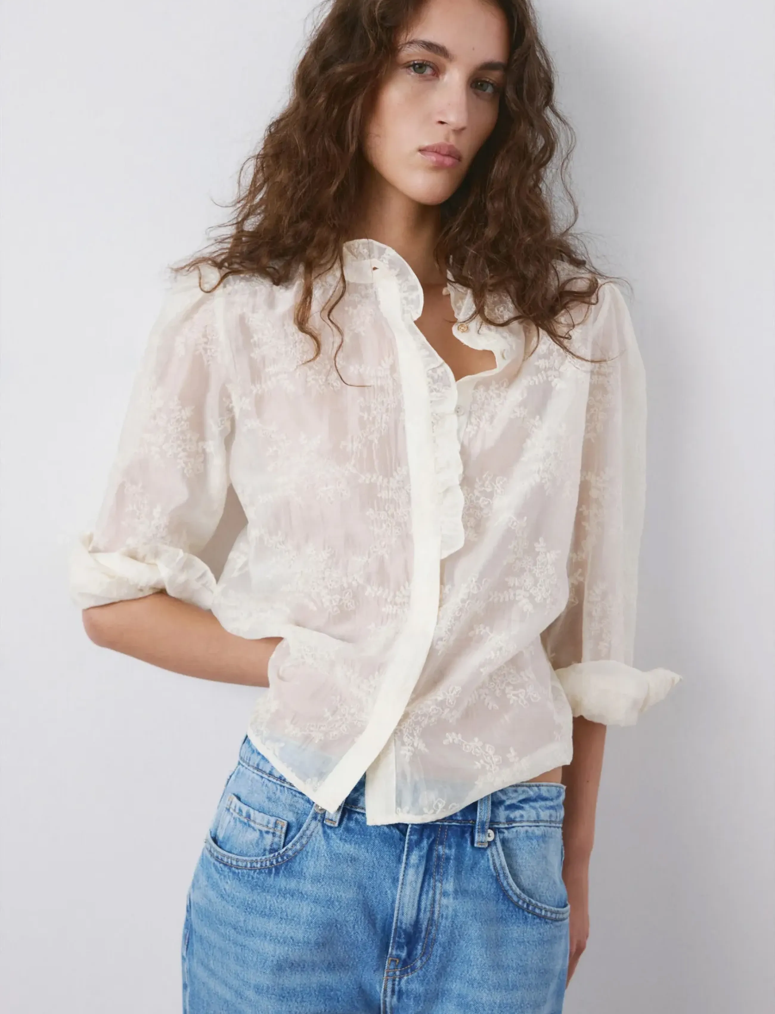 Mango Lyocell blouse with floral embroidery - Blusar & Skjortor - LIGHT BEIGE / cream