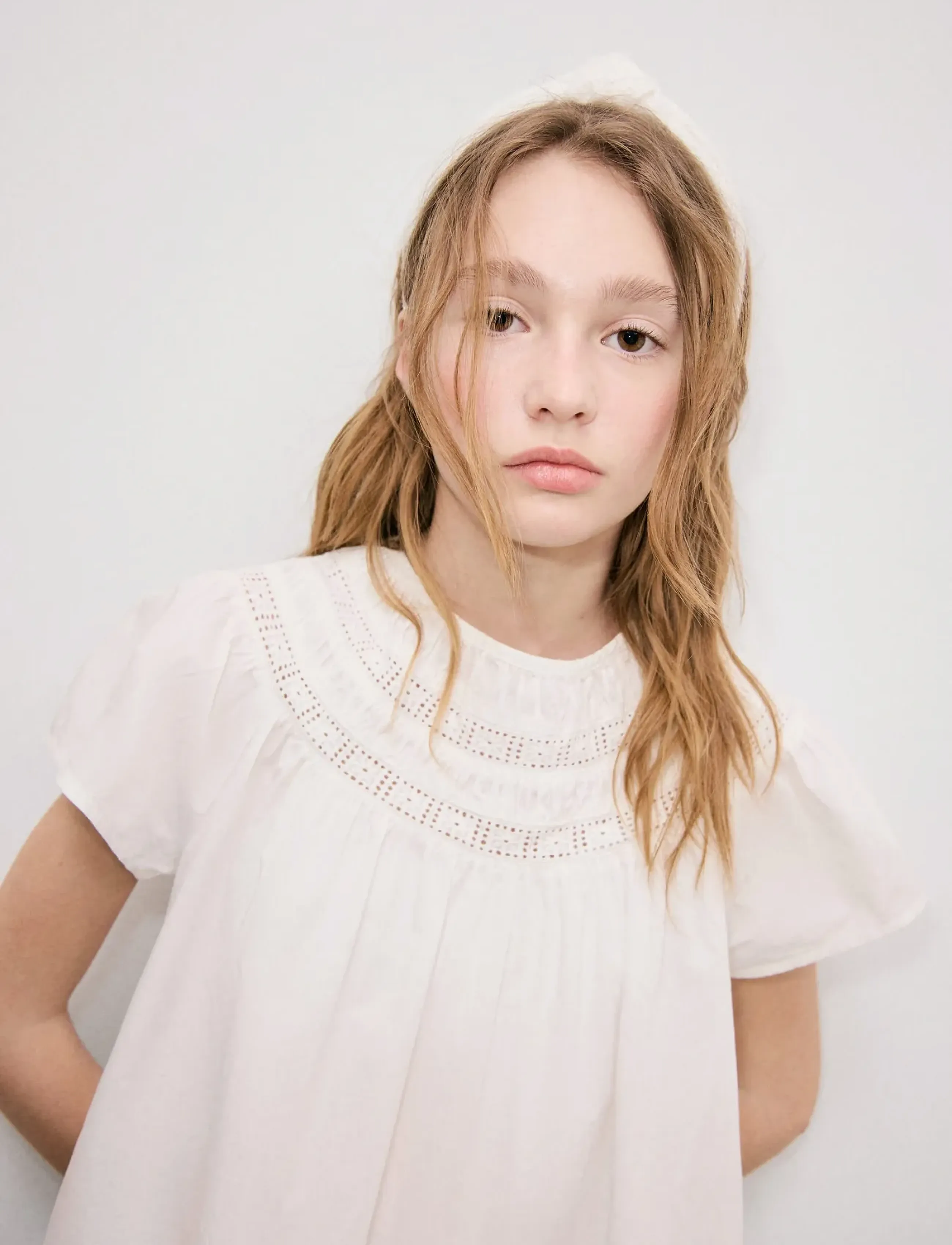Mango Cotton Blouse With Openwork Details, 122, Oberteile, Weiß - Blouses & Tunics, Kinder
