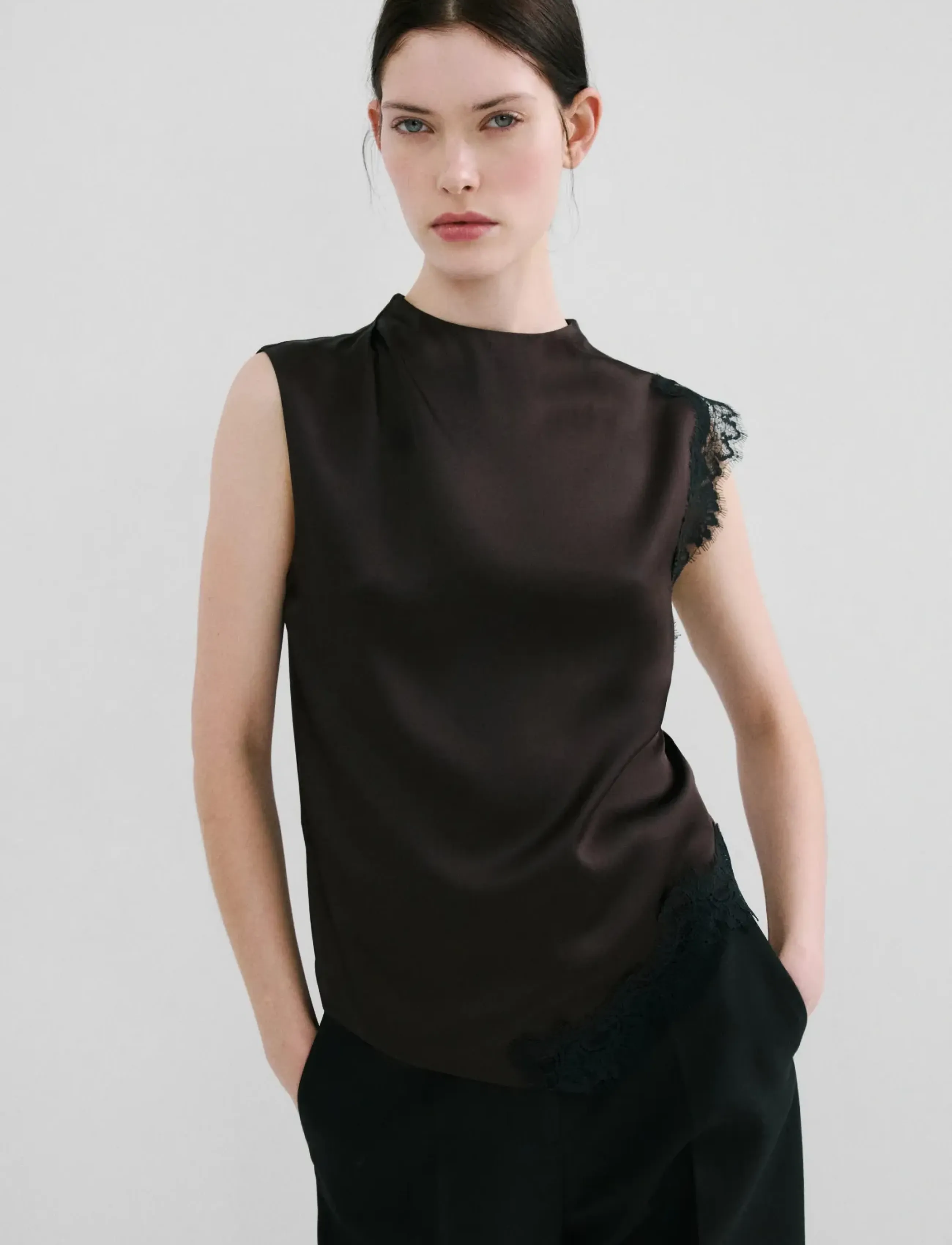 Mango Lace Trim Top, Damen, Spitzensaum Top, Braun, Gr.S