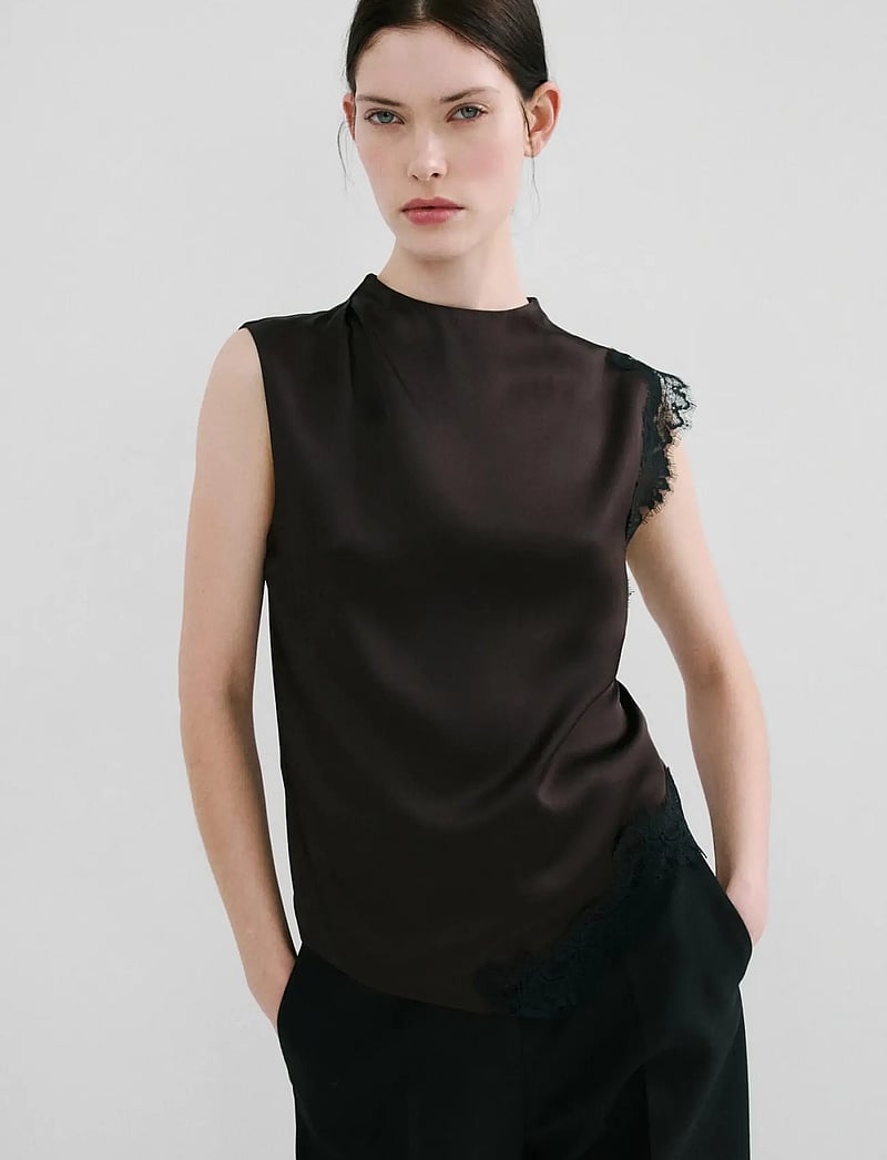 Mango - Lace trim top - sleeveless blouses - brown - 0