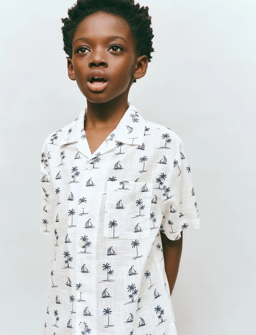 Mango - Palm tree print cotton shirt - kortermede skjorter - natural white - 0