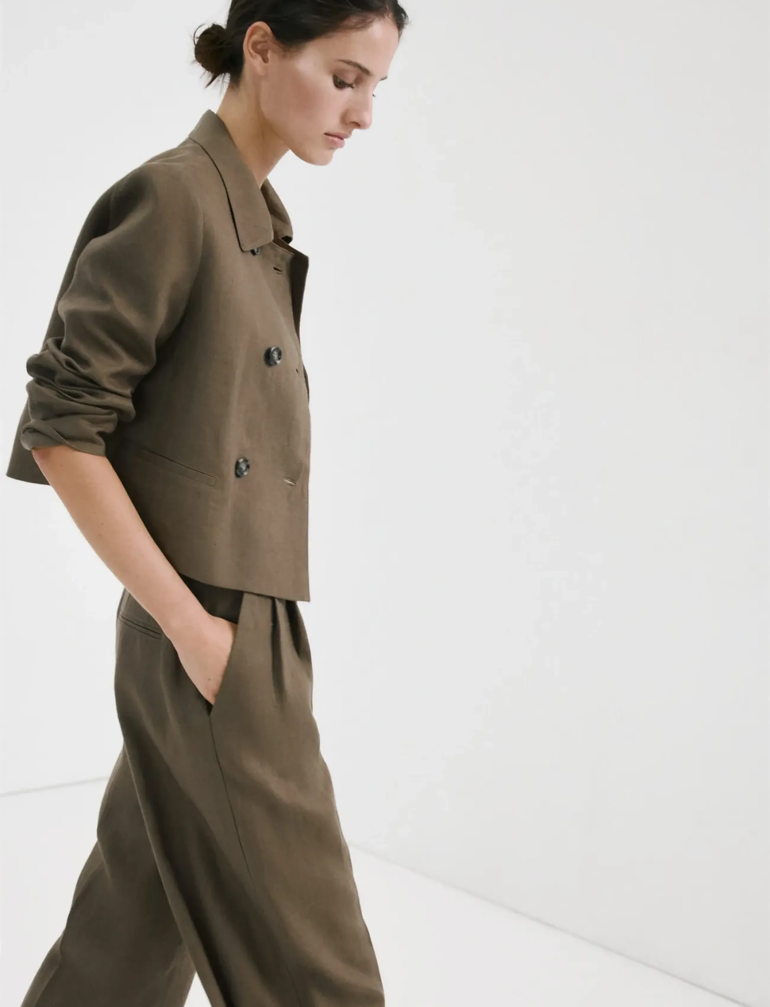 Mango Double-Breasted Linen Jacket, XL, Blazer, Khakigrün - Double Breasted Frauen