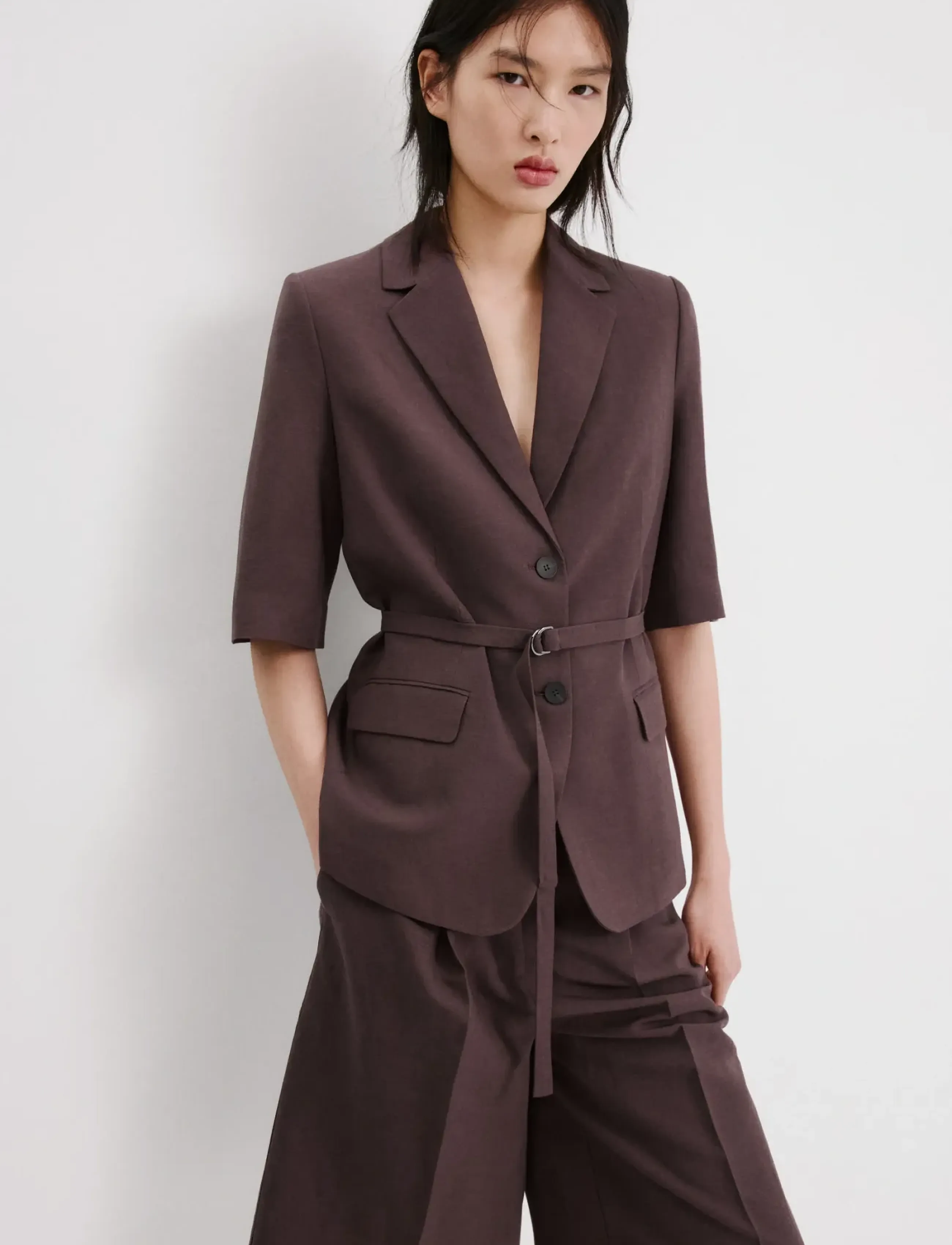 Mango Linen Suit Jacket With Belt, L, Purple, Blazere > Blazere Med Bælte, Dame