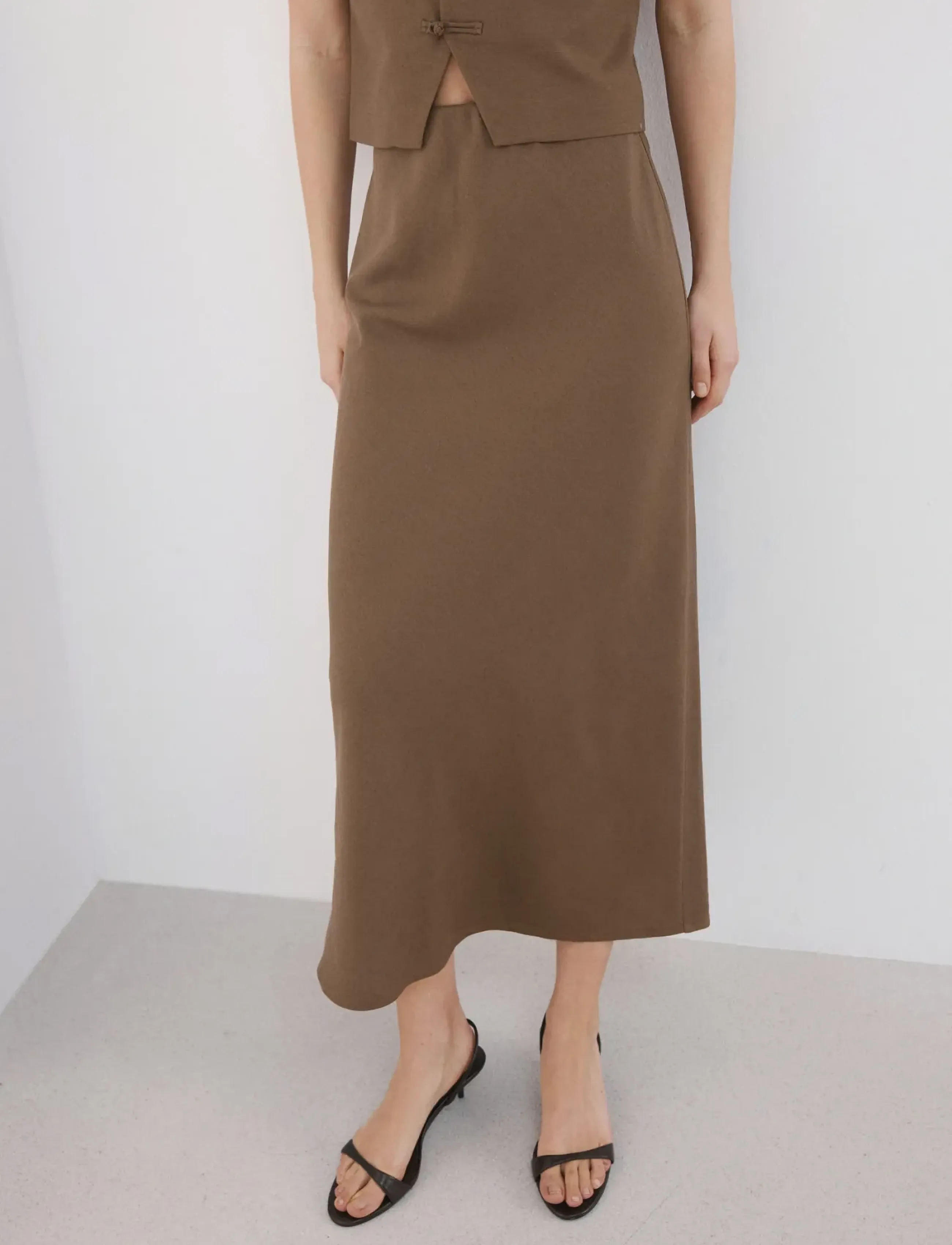 Mango Linen-Blend Straight Skirt, L, Brown, Nederdele > Knælange Og Midi Nederdele, Dame