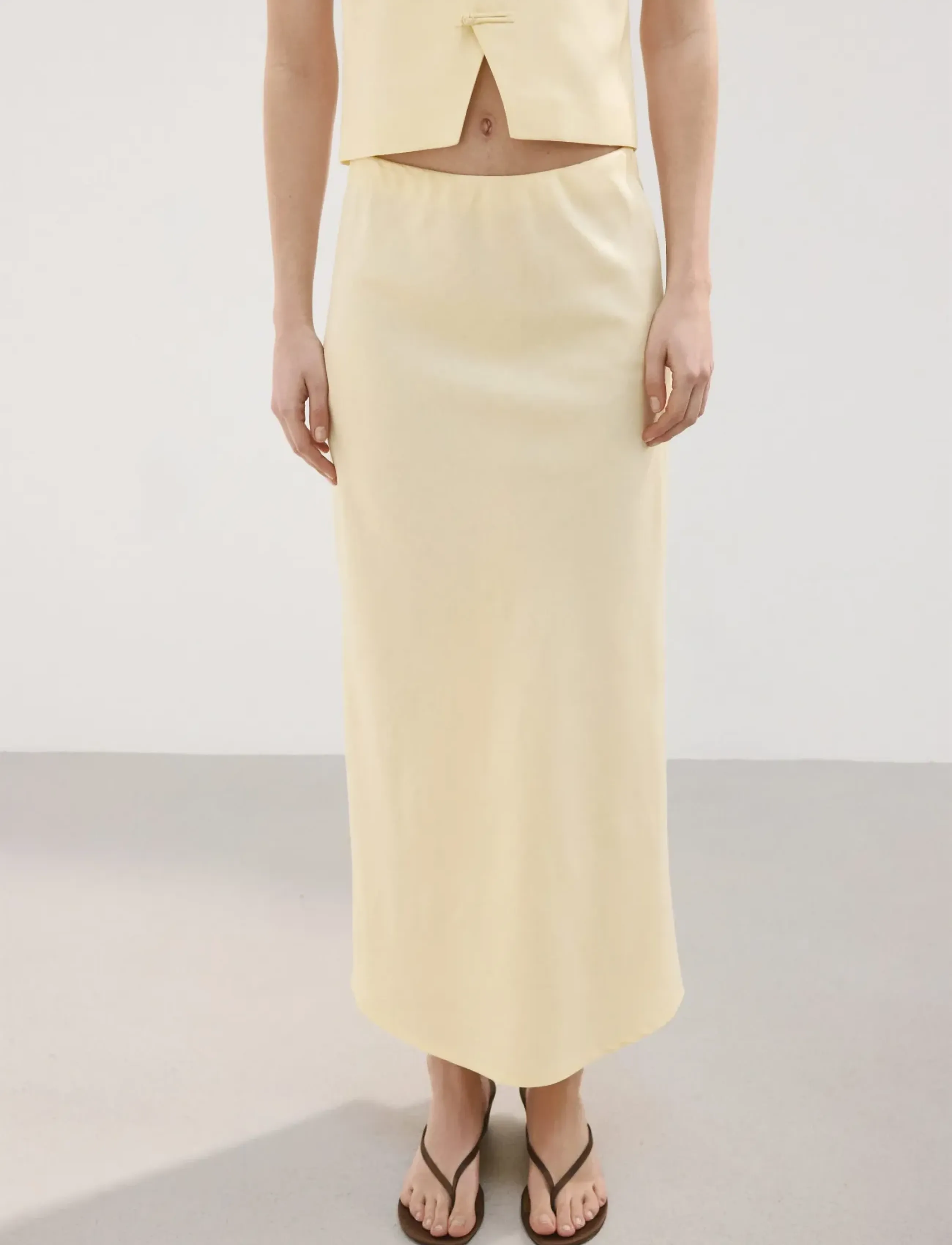 Mango Linen-Blend Straight Skirt, S, Yellow, Nederdele > Knælange Og Midi Nederdele, Dame
