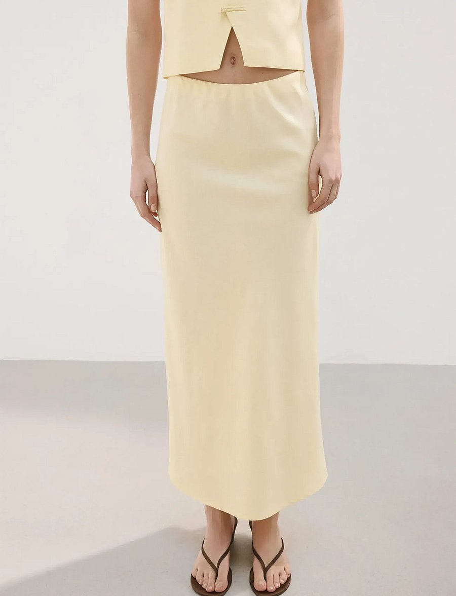 Mango - Linen-blend straight skirt - midi nederdele - yellow - 0