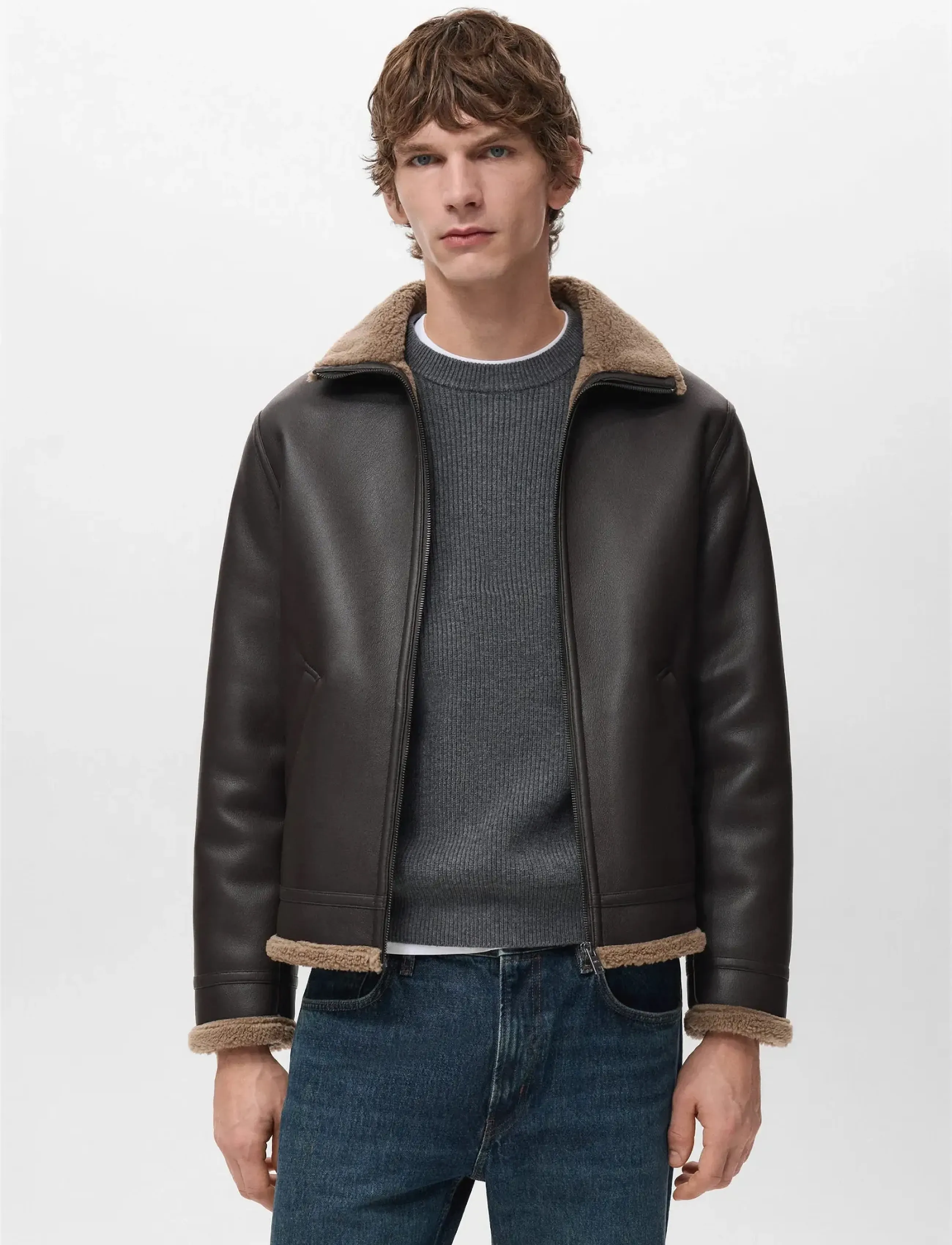 Mango Faux-Leather Fleece Jacket, L, Jackets, Braun - Leather, Männerswear