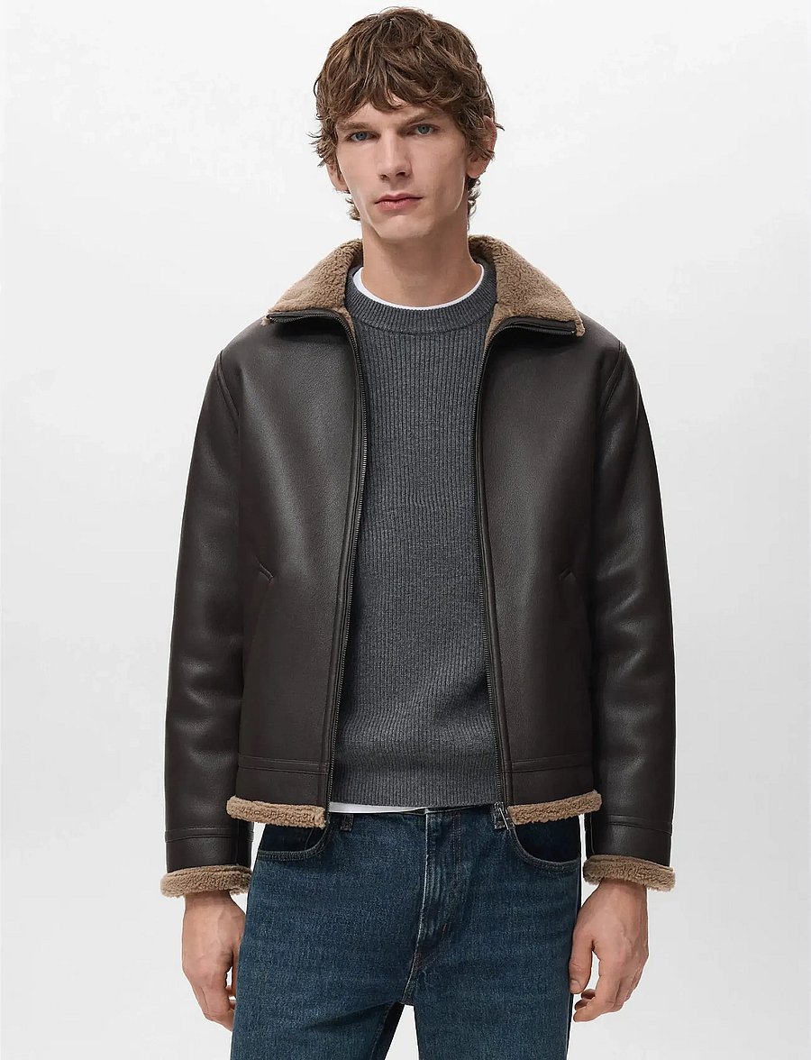 Mango - Faux-leather fleece jacket - efterårsjakker - dark brown - 0