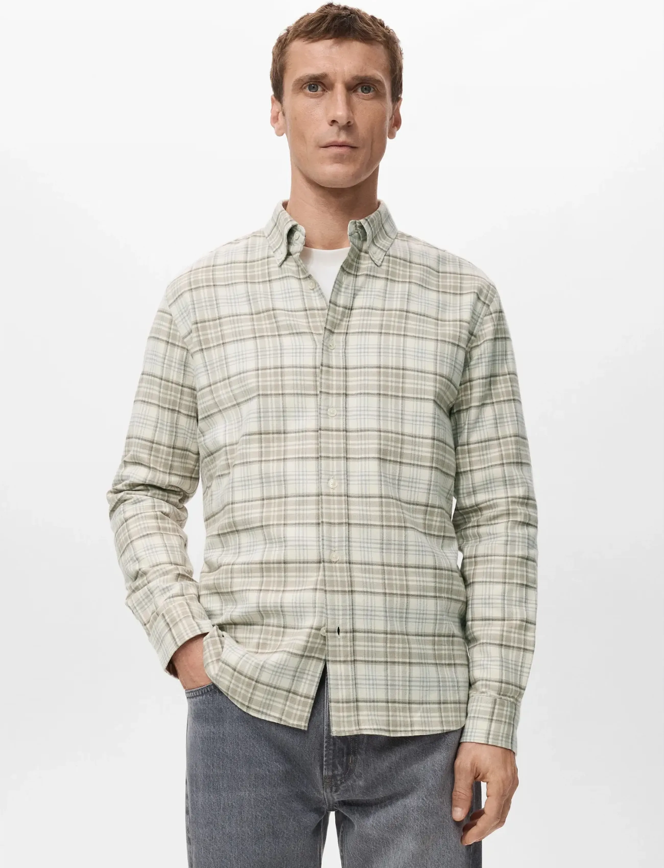 Mango 100% Cotton Flannel Checkered Shirt, Mænd, Ternet Flanell Skjorte, Cream, Str: XXL