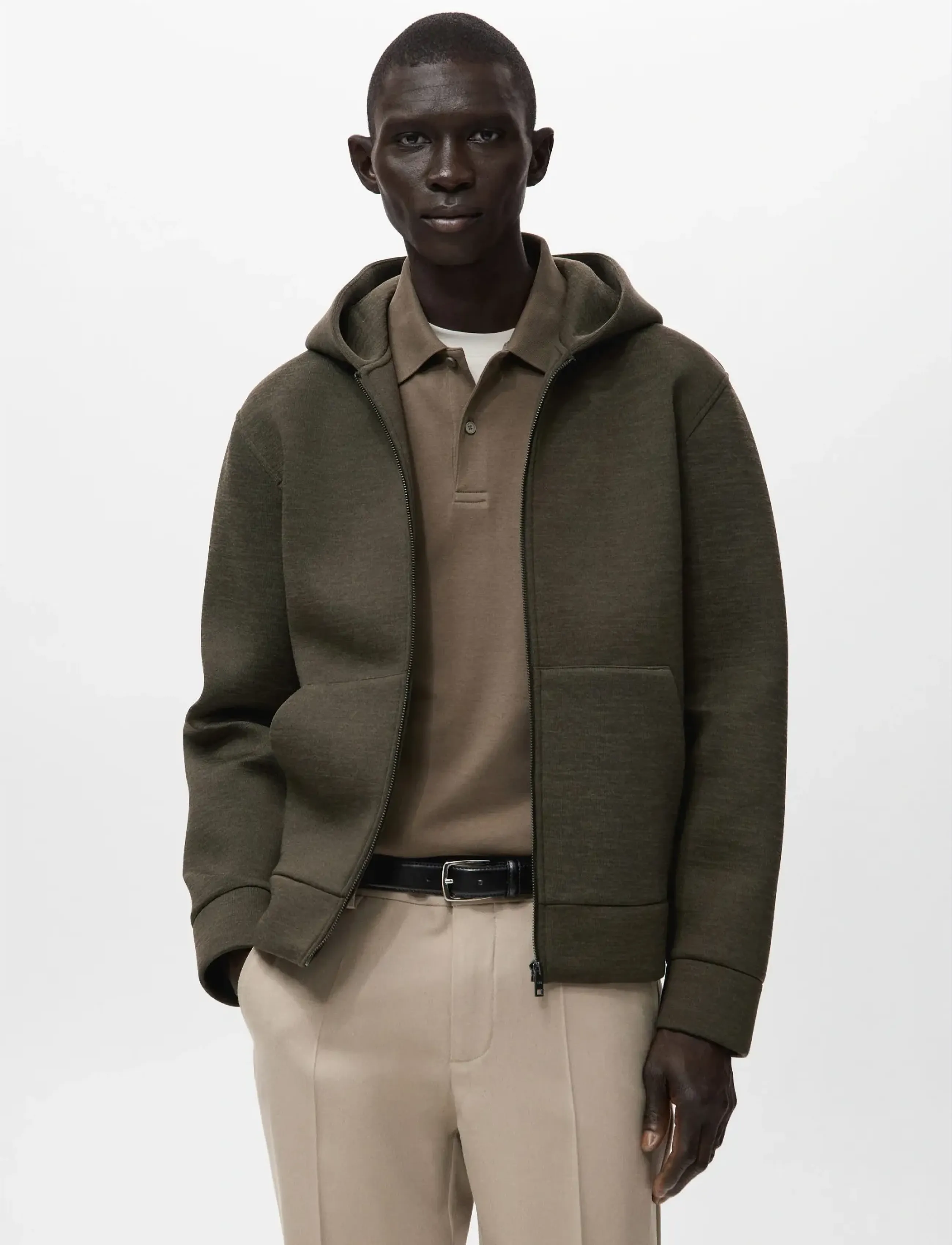 Mango Neoprene Effect Zip-Up Sweatshirt, S, Sweatshirts & Hoodies, Khakigrün - Männerswear