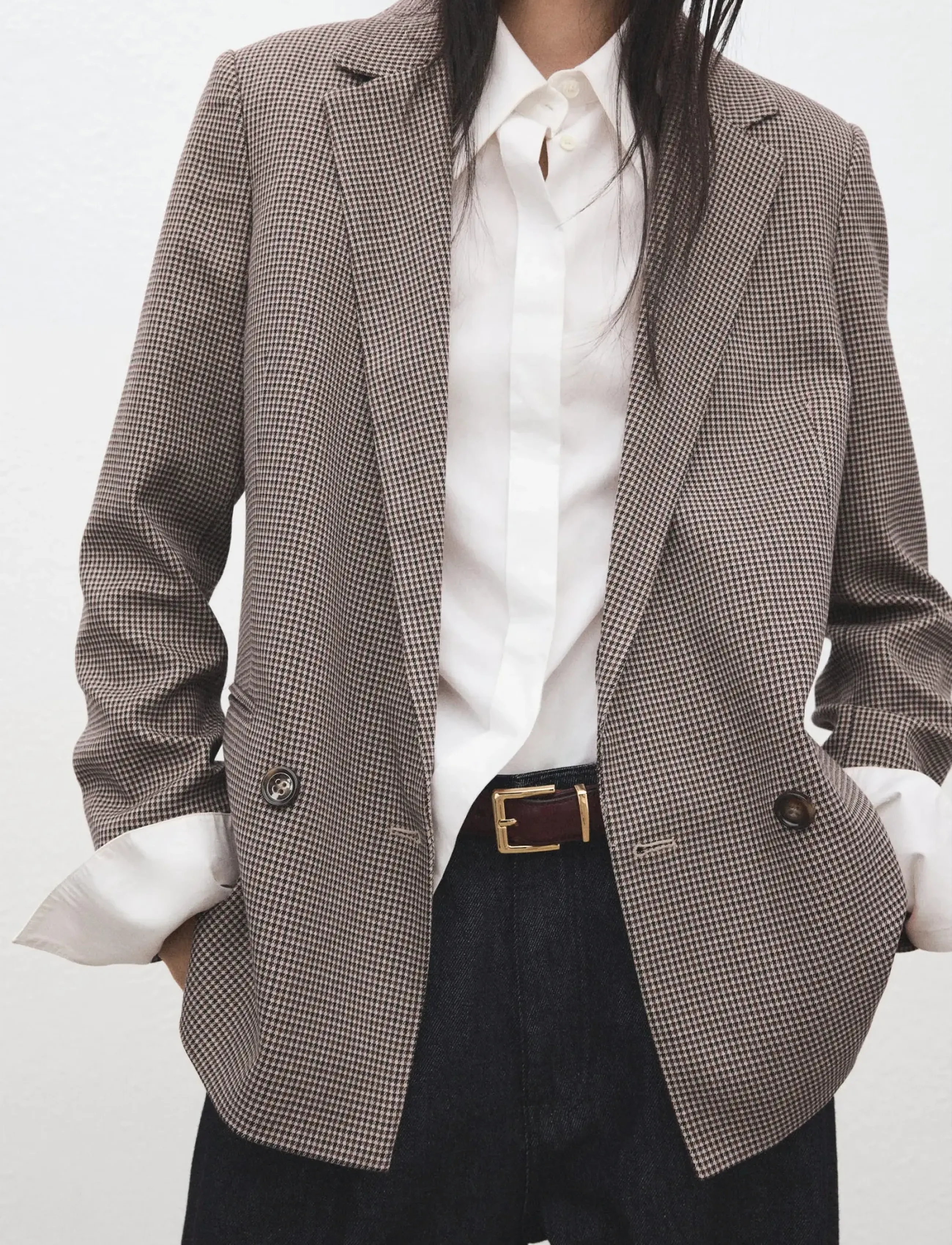 Mango Double-Breasted Micro-Houndstooth Jacket, Kvinder, Dobbeltknappet Hønsetands Blazer, Brun, Str: XS