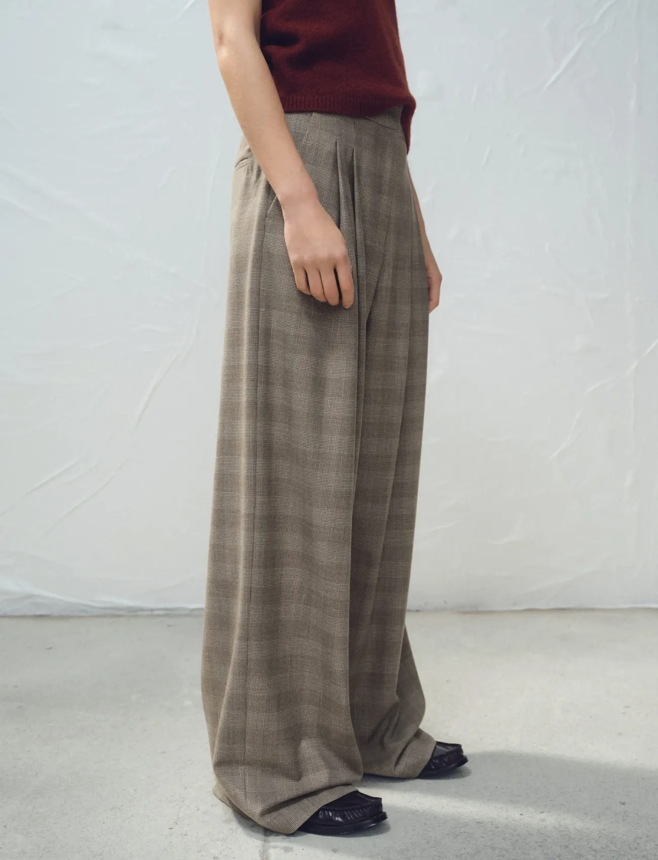 Mango Wide Leg Check Suit Trousers, 38, Braun - Leg, Frauen