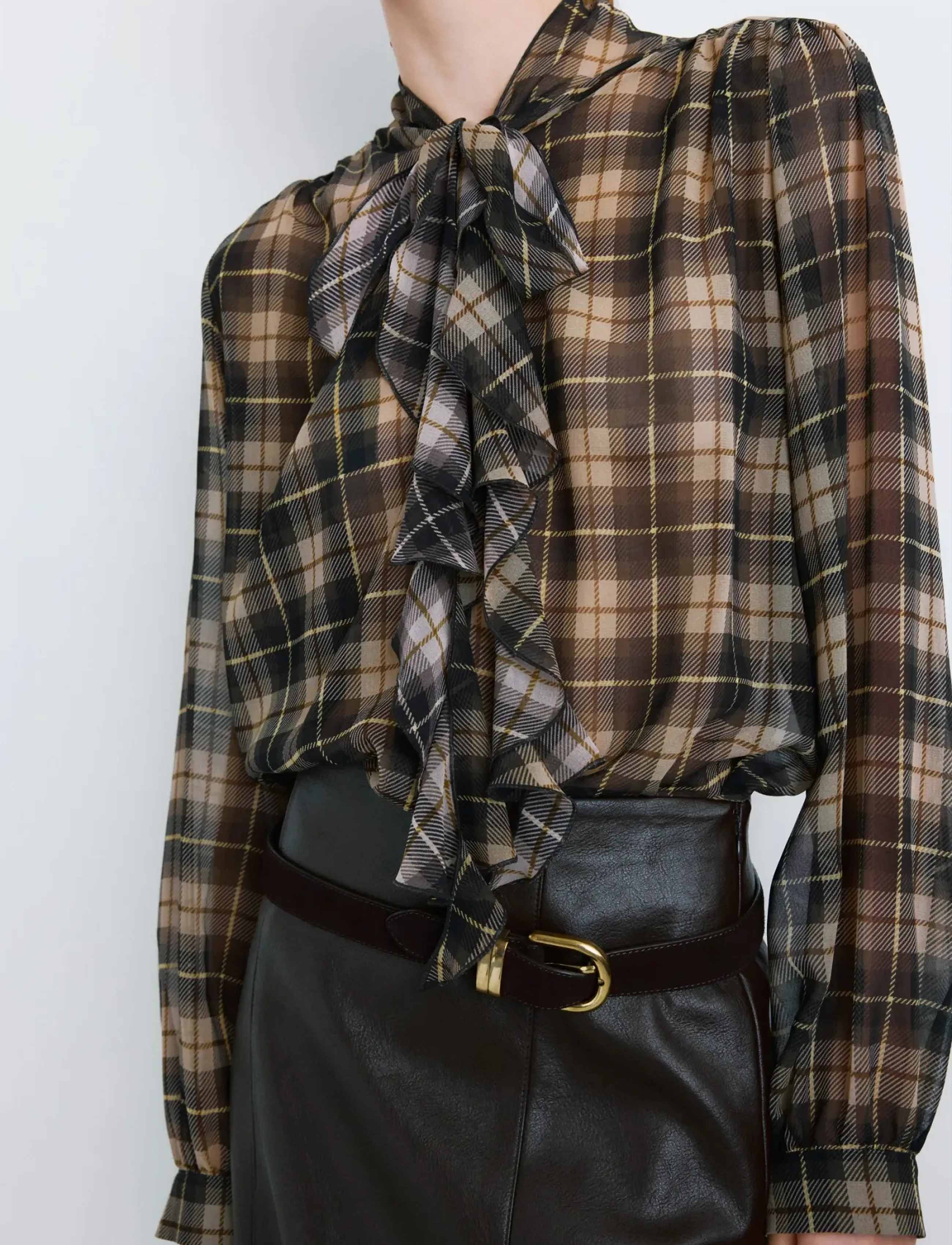 Mango Blouse With Check Pattern And Foulard Collar, Kvinder, Ternmønstret Foulard Bluse, Brun, Str: M