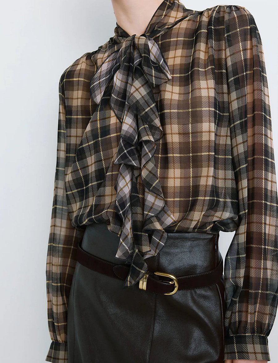 Mango - Blouse with check pattern and foulard collar - langærmede skjorter - black - 0