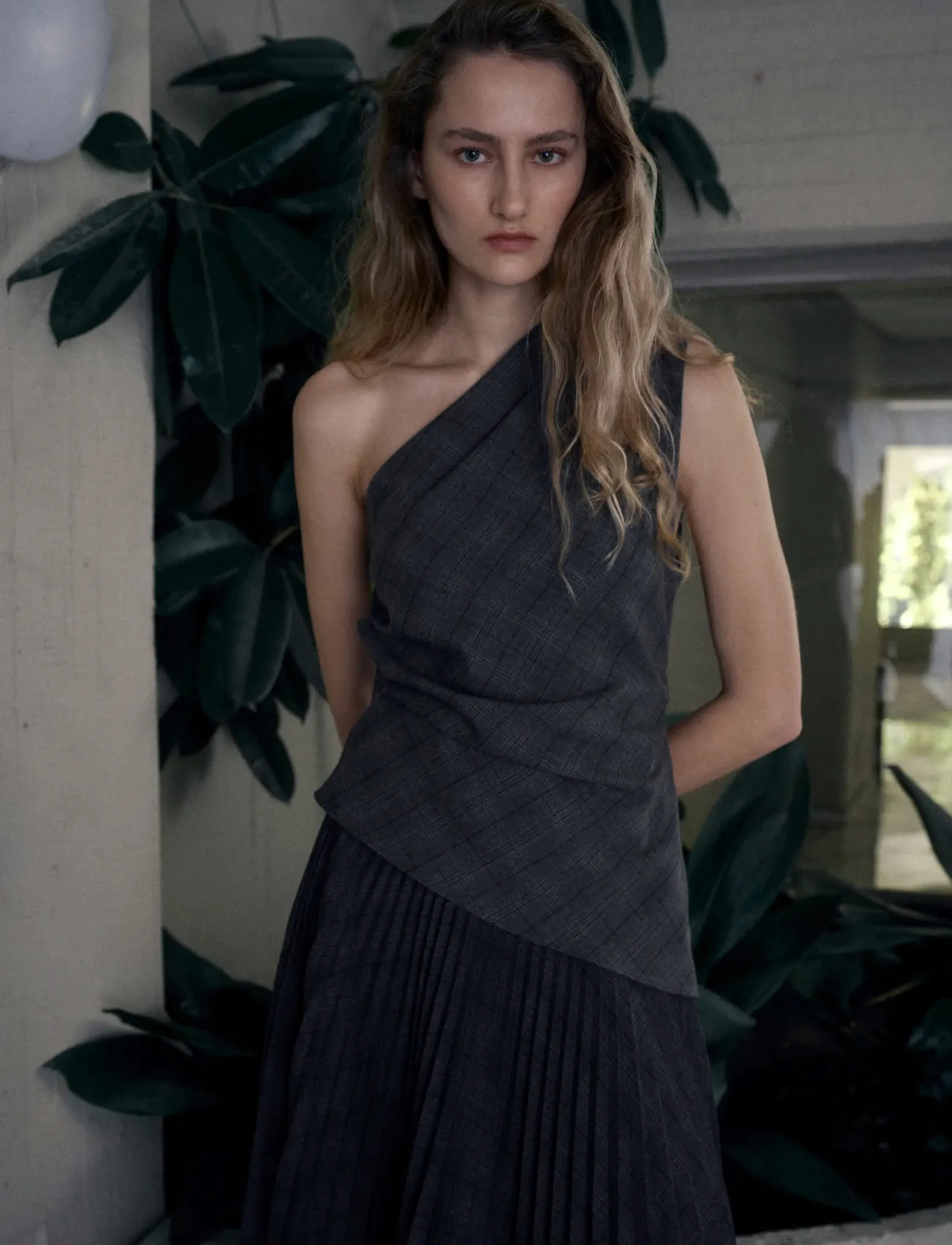 Mango Asymmetrical Check Top, Kvinder, Enskuldret Asymmetrisk Tern Top, Grå, Str: M