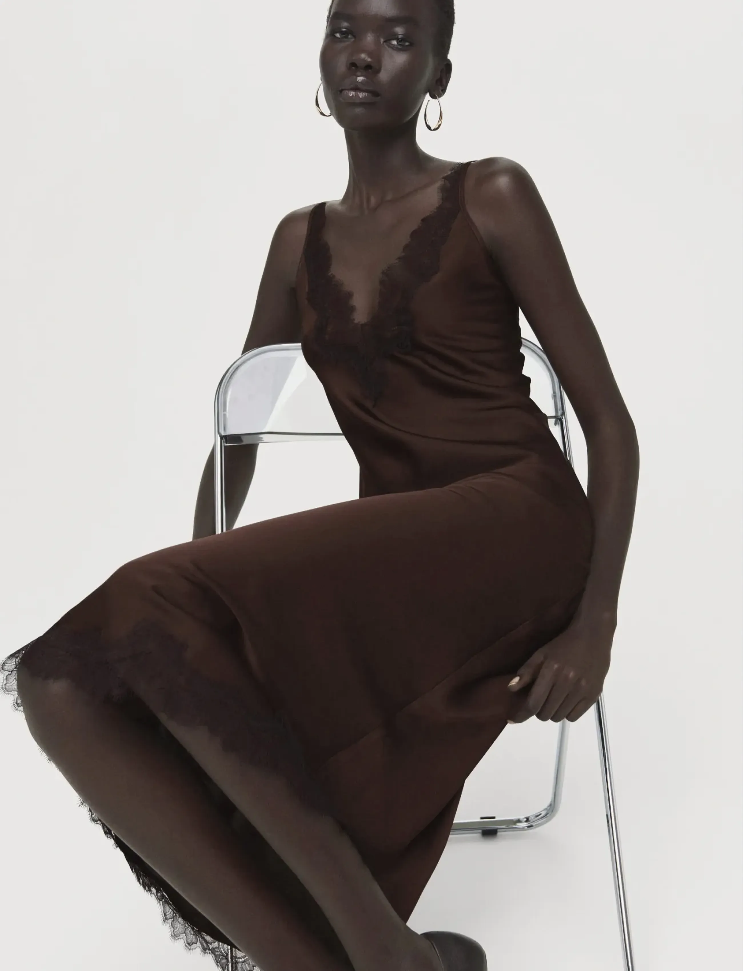 Mango Satin Camisole Dress, Kvinder, Satin Blondekant Camisole Kjole, Brun, Str: M