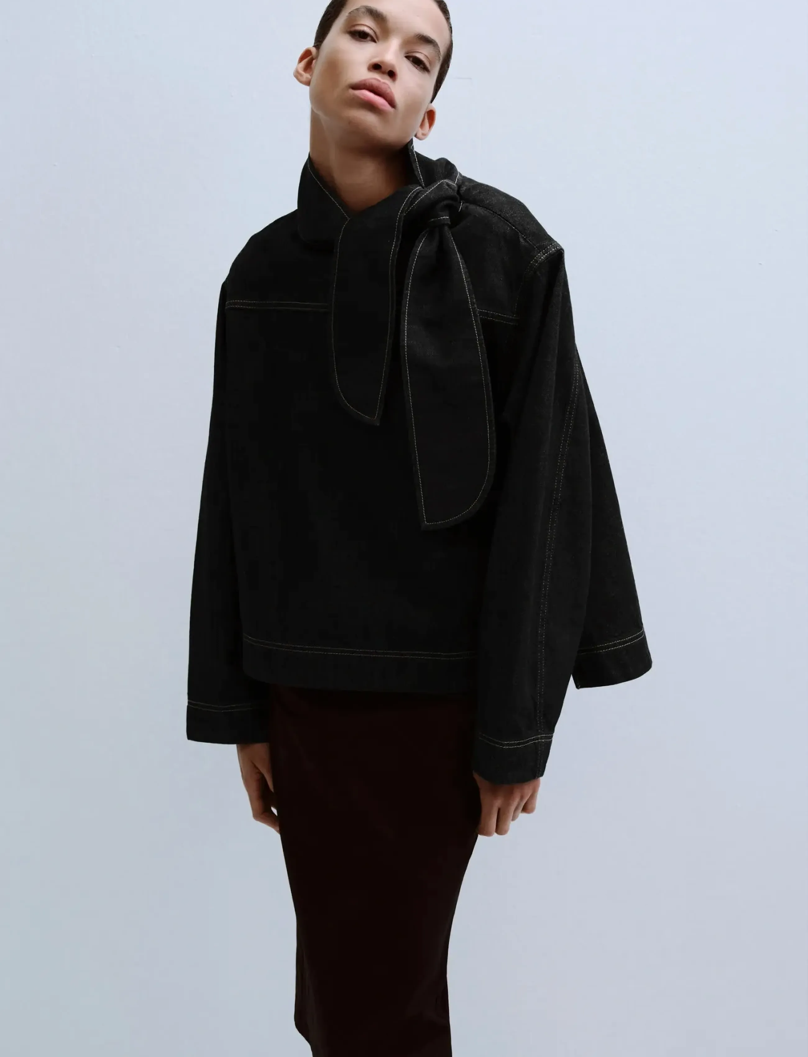 Mango Denim Blouse With Knot Neck, S, Black, Skjorter > Denim-Skjorter, Dame