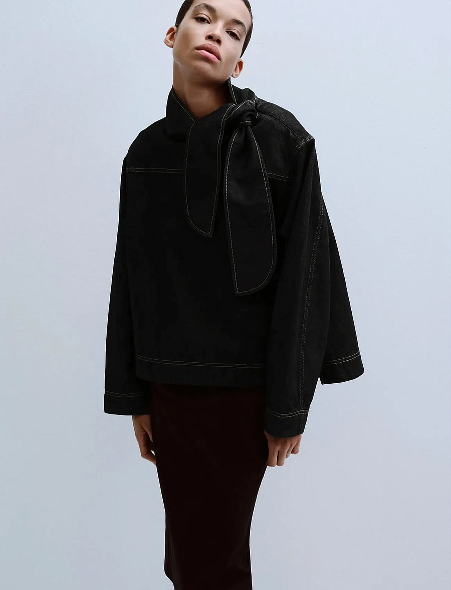 Mango - Denim blouse with knot neck - jeansskjortor - black - 0