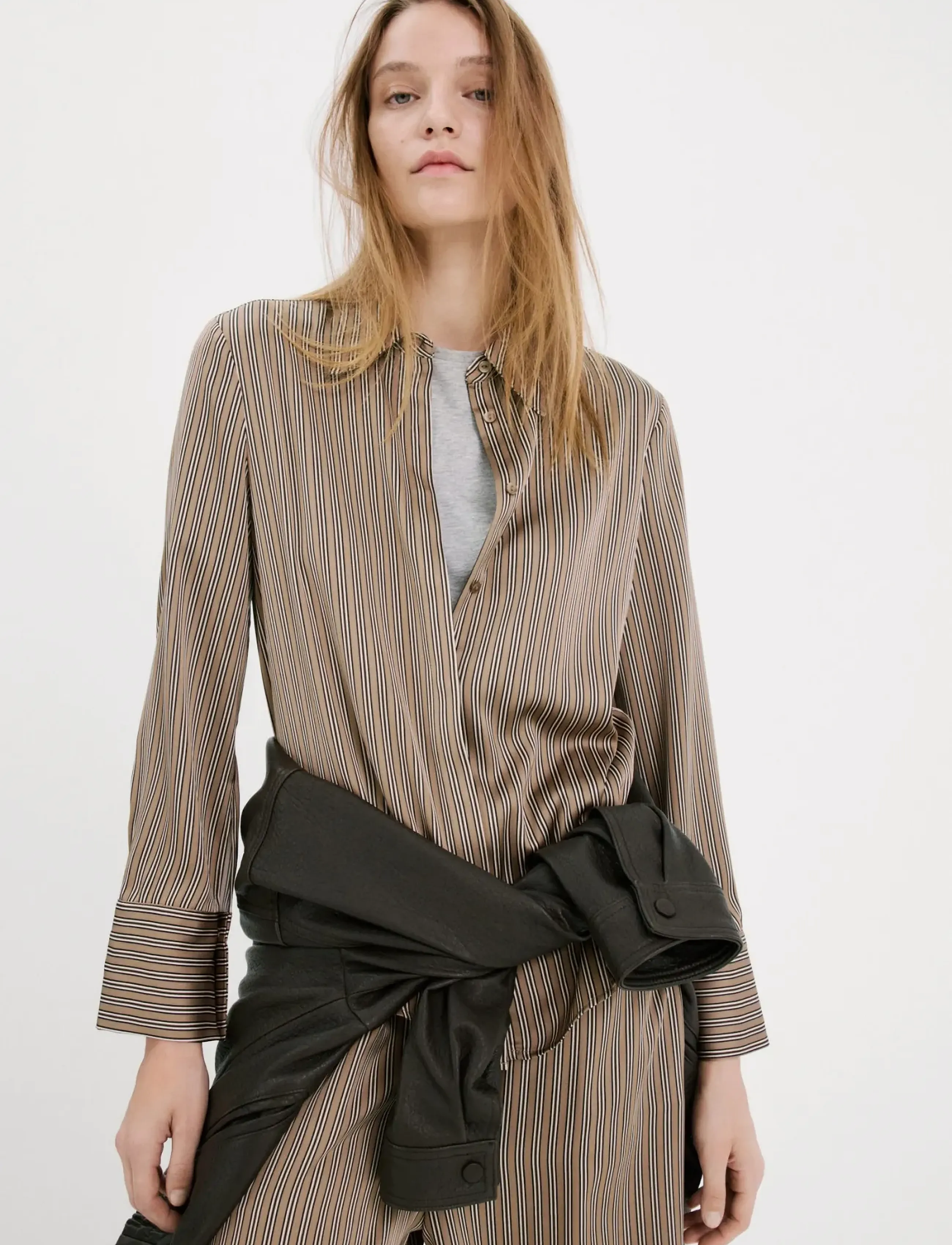 Mango Satin Striped Shirt, M, Shirts, Braun - Long-sleeved, Frauen