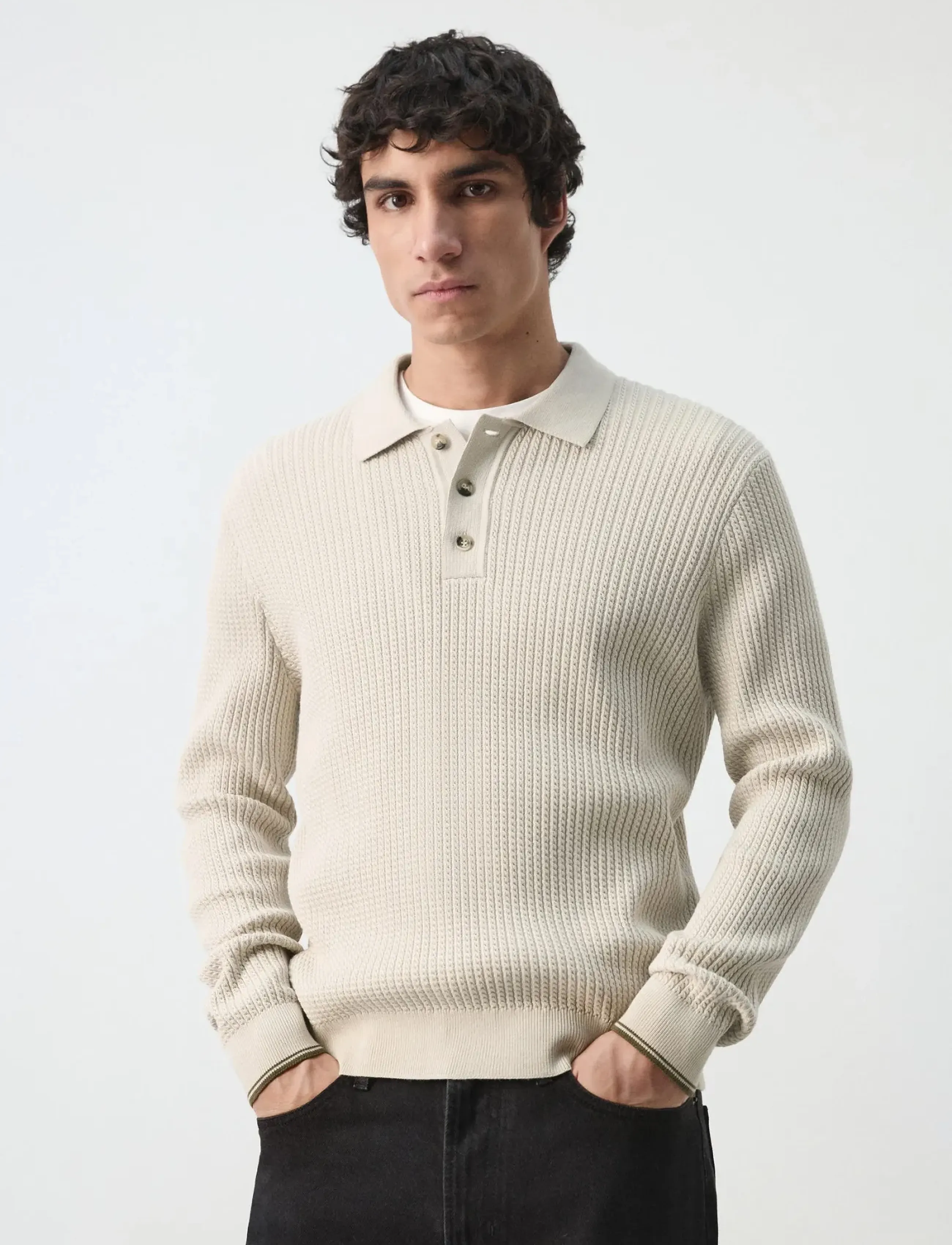 Mango Cable-Knit Cotton-Blend Polo Shirt, XL, Knitwear, Beige - Long Sleeve Knitted Polos, Männerswear