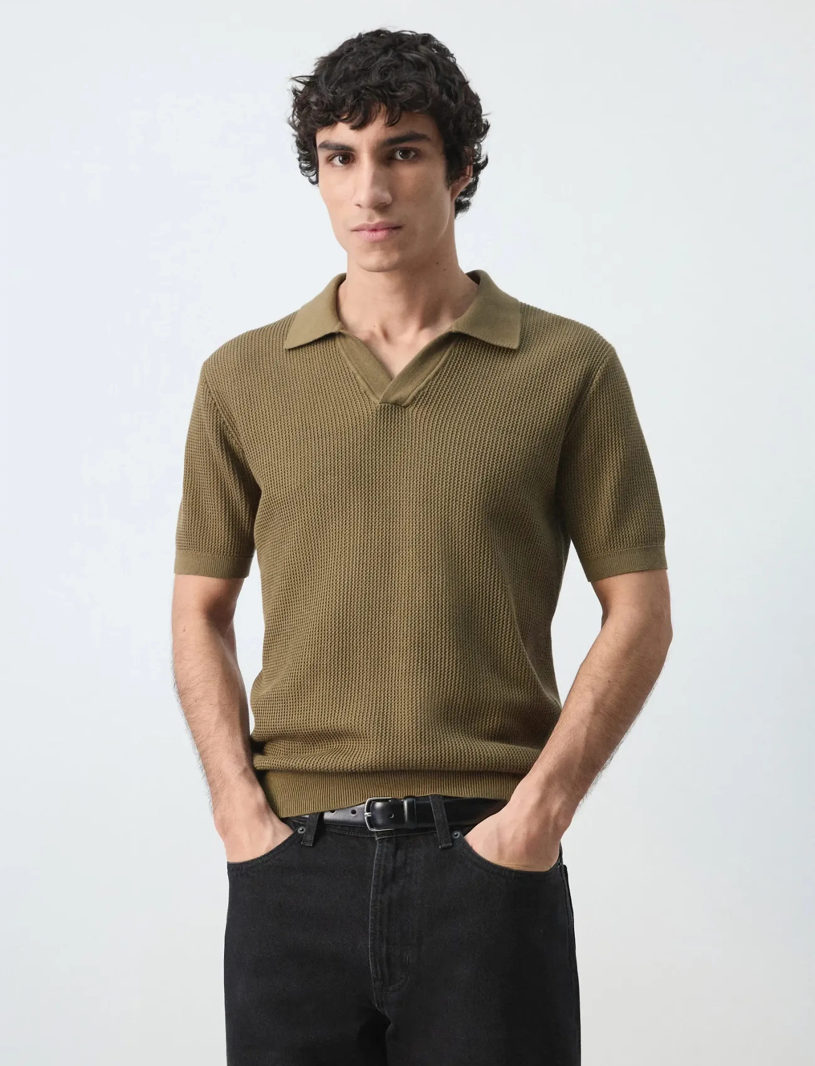 Mango 100% cotton knitted polo structure - Strik - BEIGE - KHAKI / khaki/green