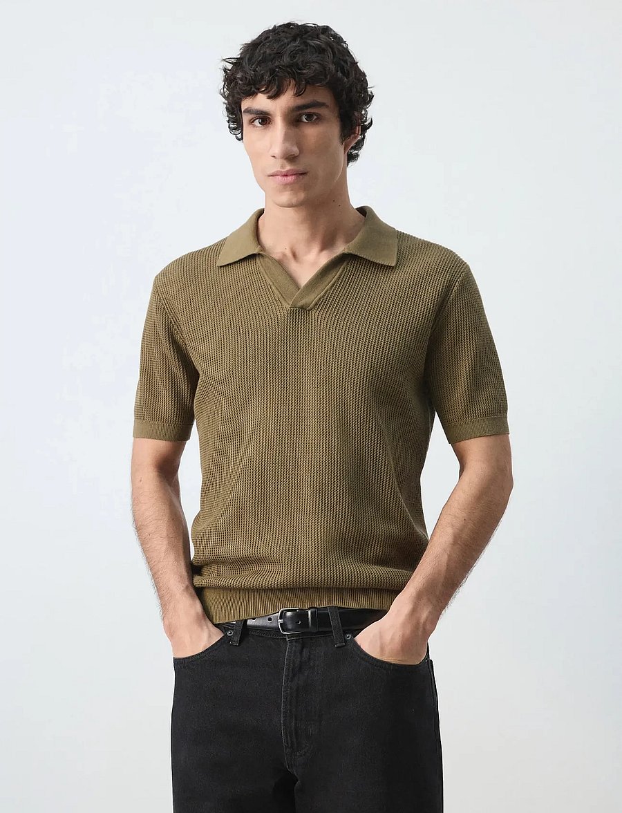 Mango - 100% cotton knitted polo structure - stickade pikéer - beige - khaki - 0