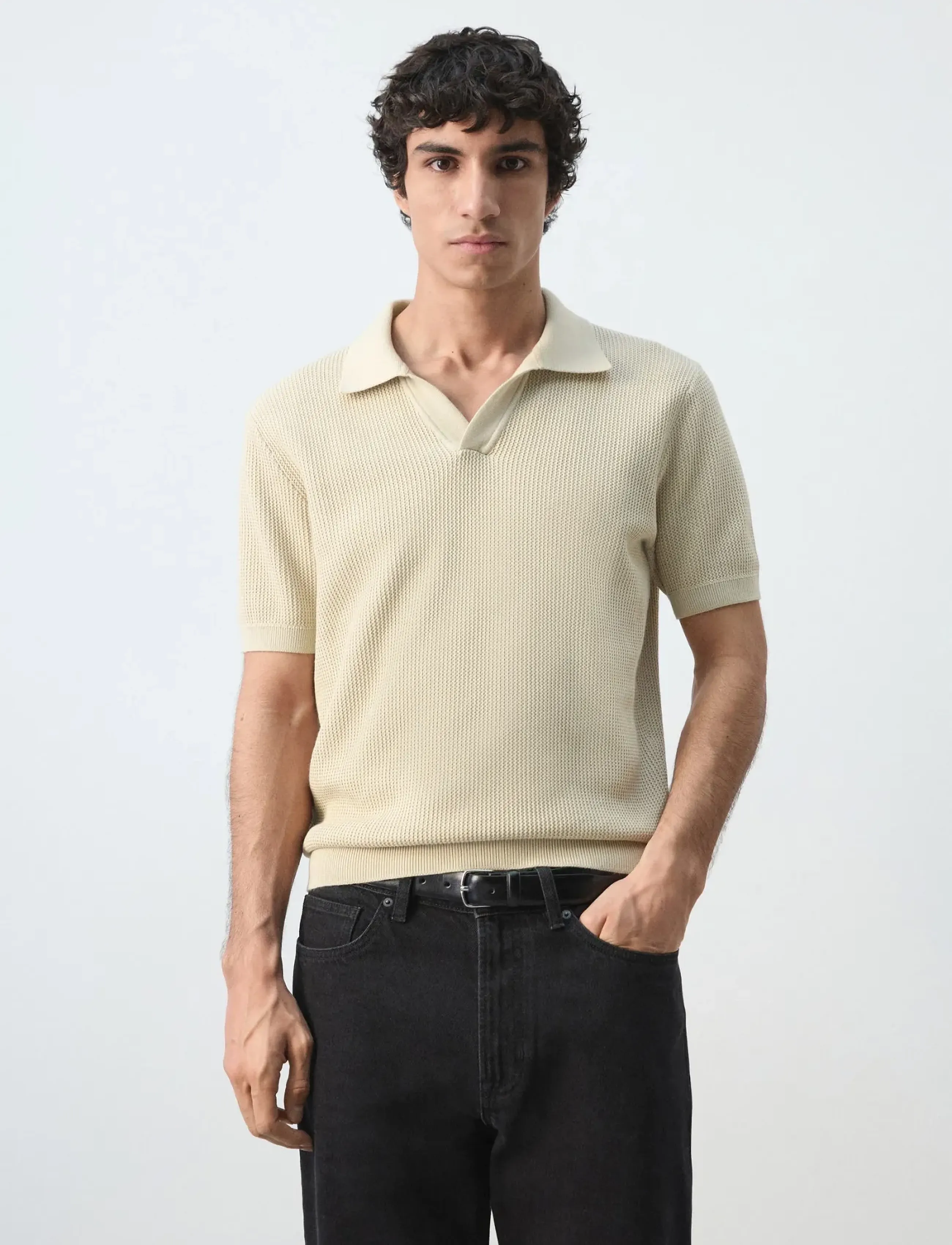 Mango 100% cotton knitted polo structure - Mango - LT PASTEL BROWN / beige